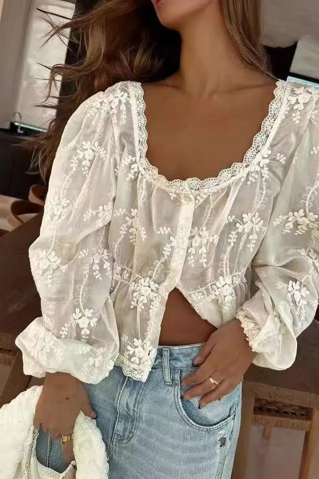 Loose Embroidered Long-Sleeved Shirt
