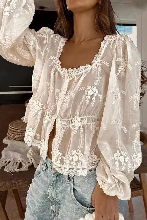 Loose Embroidered Long-Sleeved Shirt