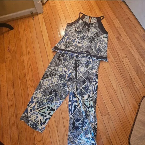 MAIDENFORM NAVY/WHITE FLOWY PJ SET