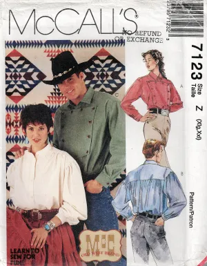 McCall's 7123 Womens Mens UNISEX Western Shirts with Button Trim 1990s Vintage Sewing Pattern Sizes XL & XXL UNCUT Factory Folded
