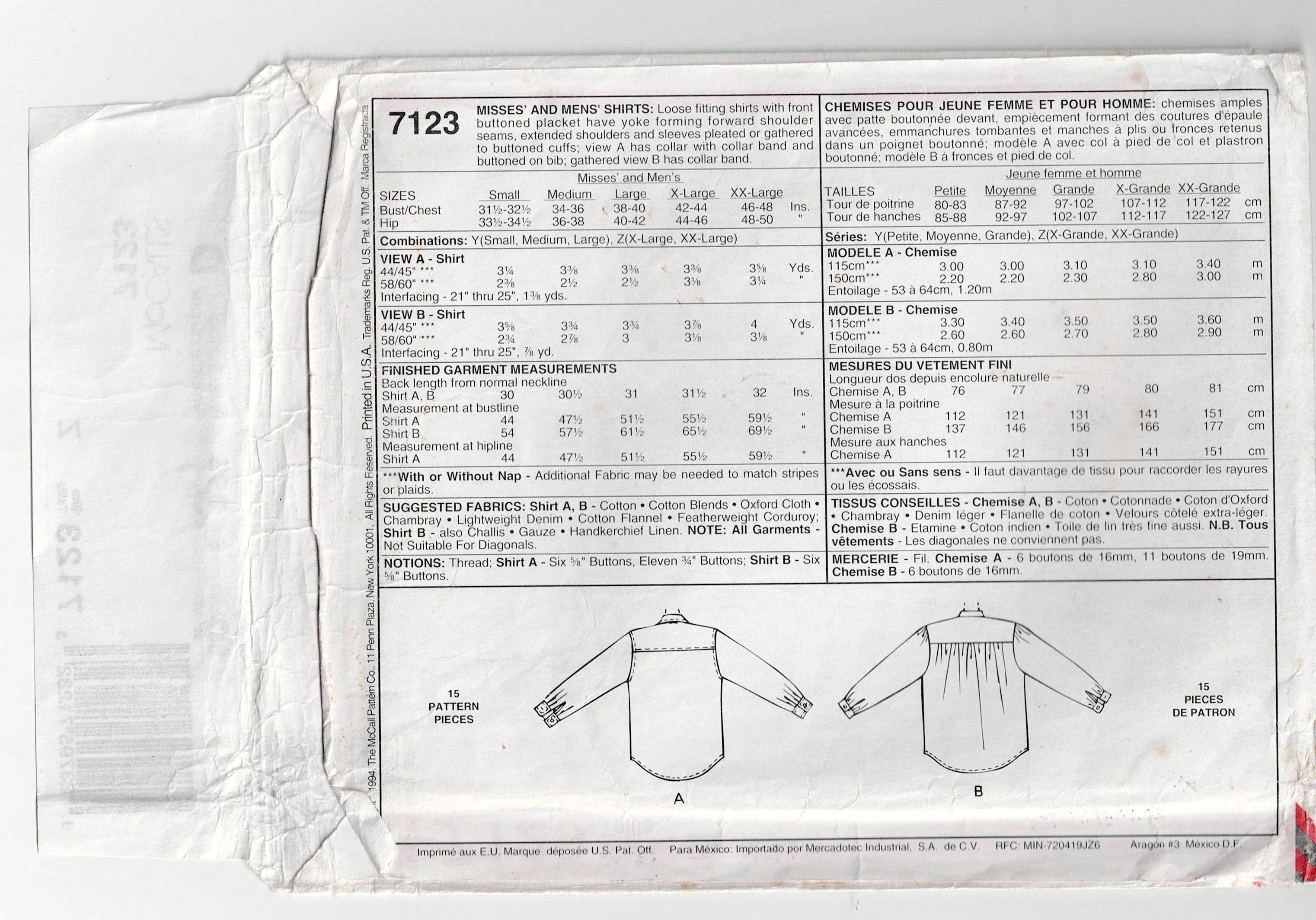 McCall's 7123 Womens Mens UNISEX Western Shirts with Button Trim 1990s Vintage Sewing Pattern Sizes XL & XXL UNCUT Factory Folded