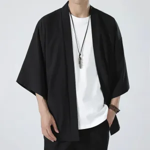 Men's Casual Ice Silk Cardigan Solid Color Five-Quarter Sleeve