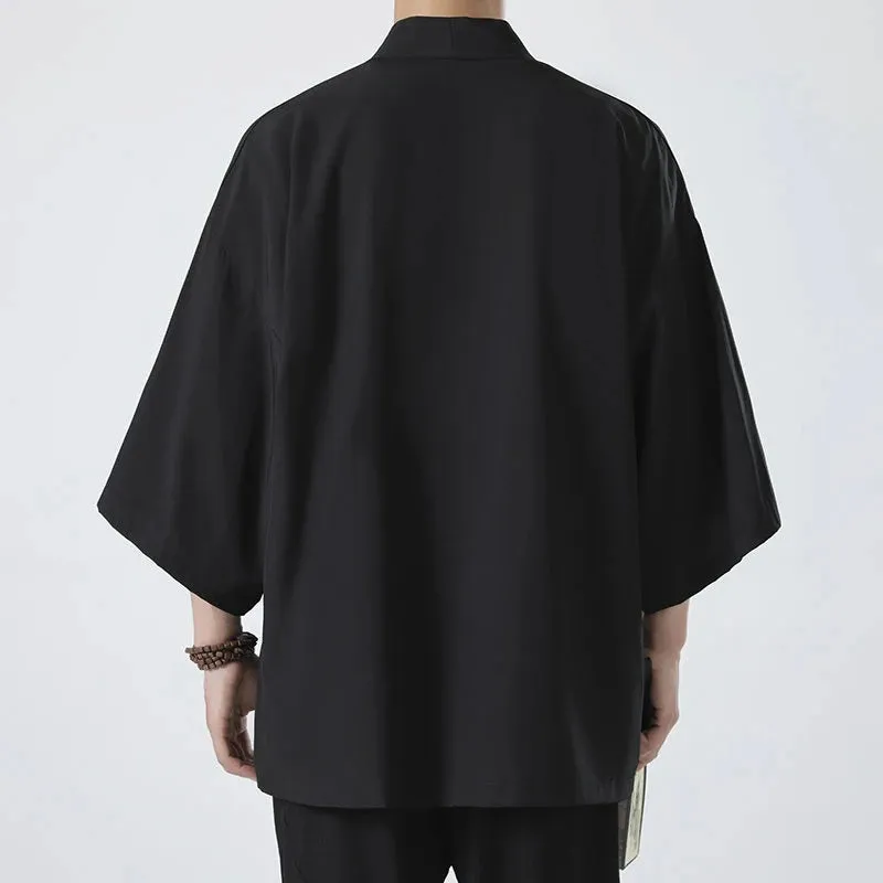 Men's Casual Ice Silk Cardigan Solid Color Five-Quarter Sleeve