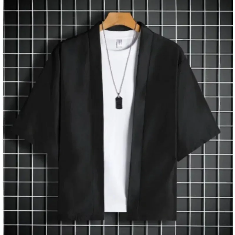 Men's Casual Ice Silk Cardigan Solid Color Five-Quarter Sleeve