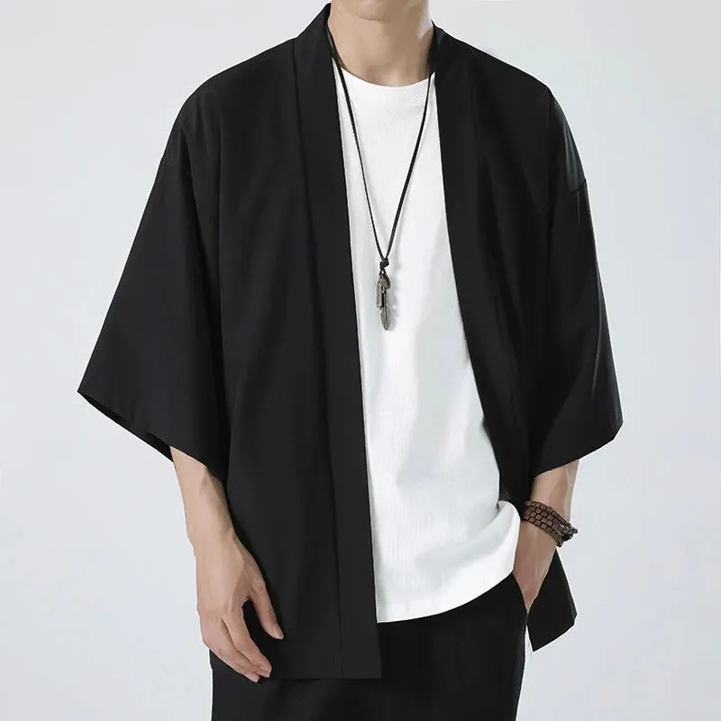 Men's Casual Ice Silk Cardigan Solid Color Five-Quarter Sleeve
