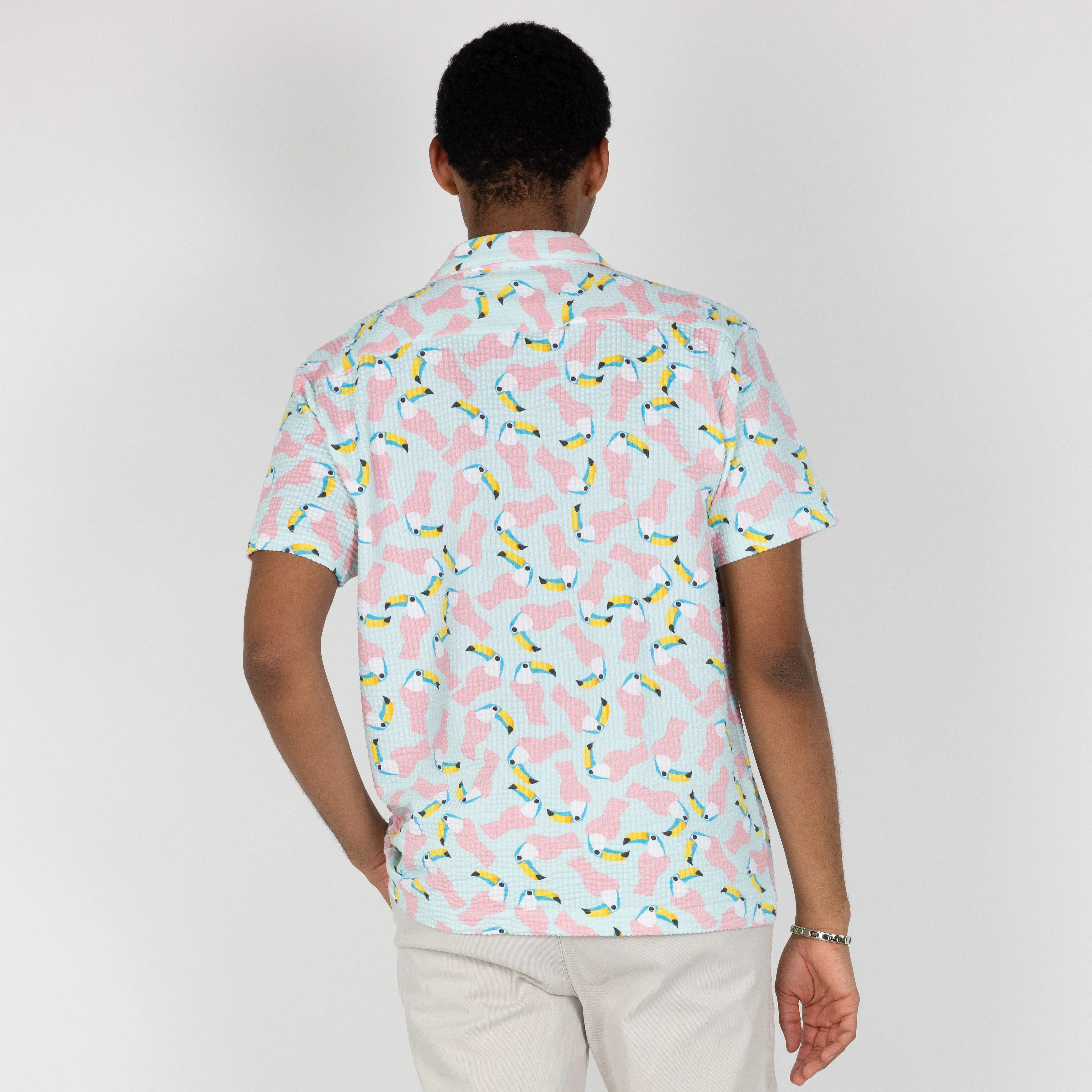 Mens Cool Knit Seersucker Camp Shirt - Salt Air / Toucan