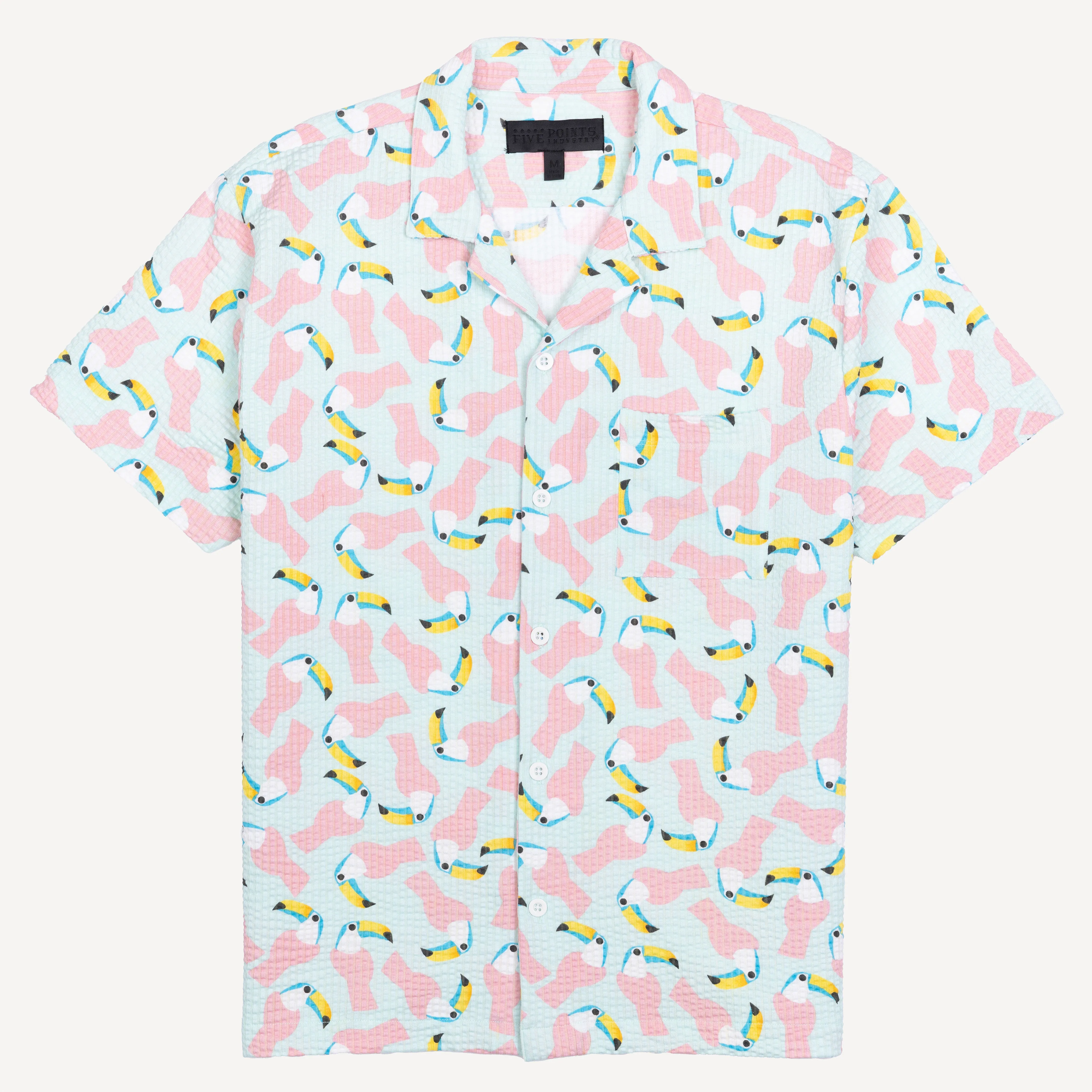 Mens Cool Knit Seersucker Camp Shirt - Salt Air / Toucan