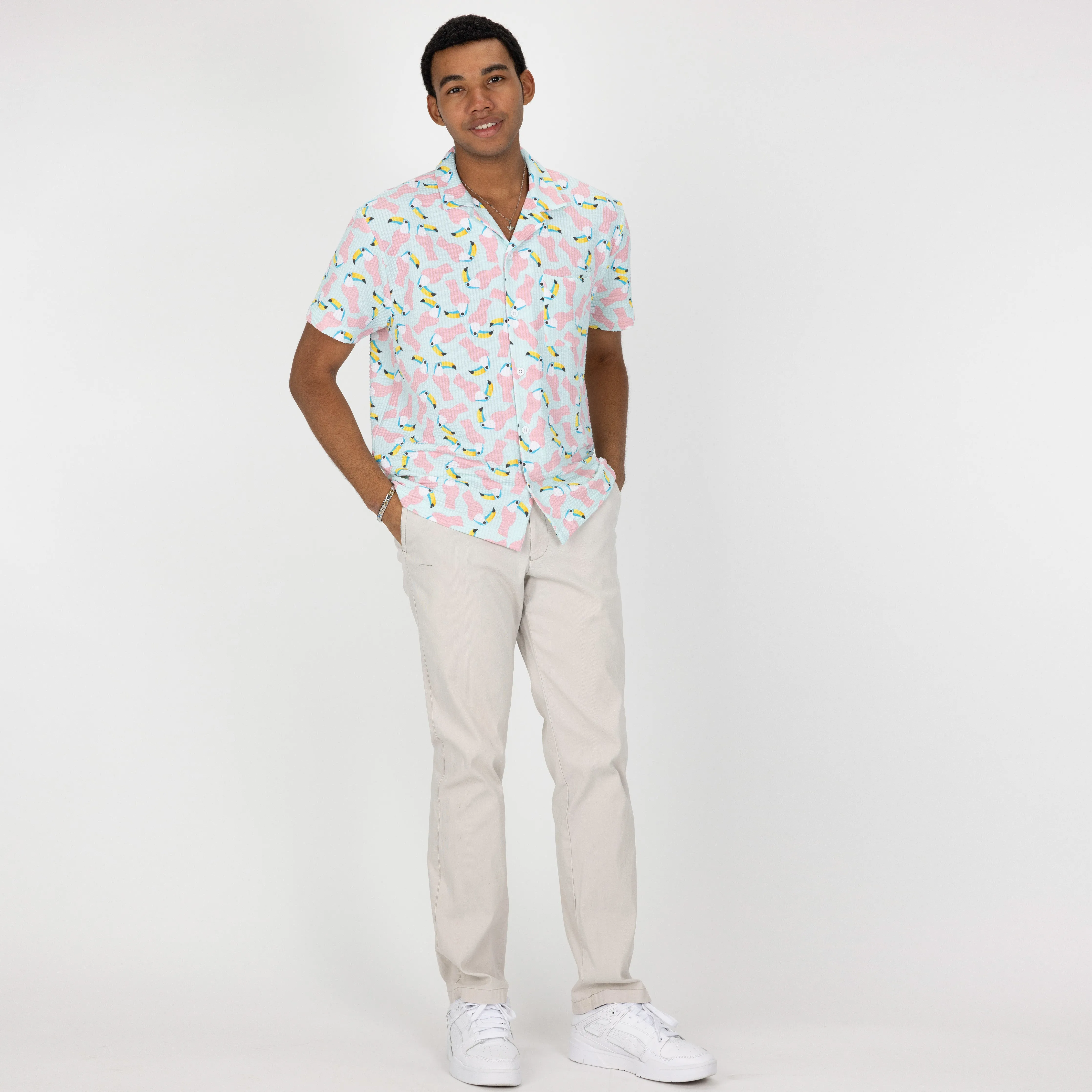 Mens Cool Knit Seersucker Camp Shirt - Salt Air / Toucan
