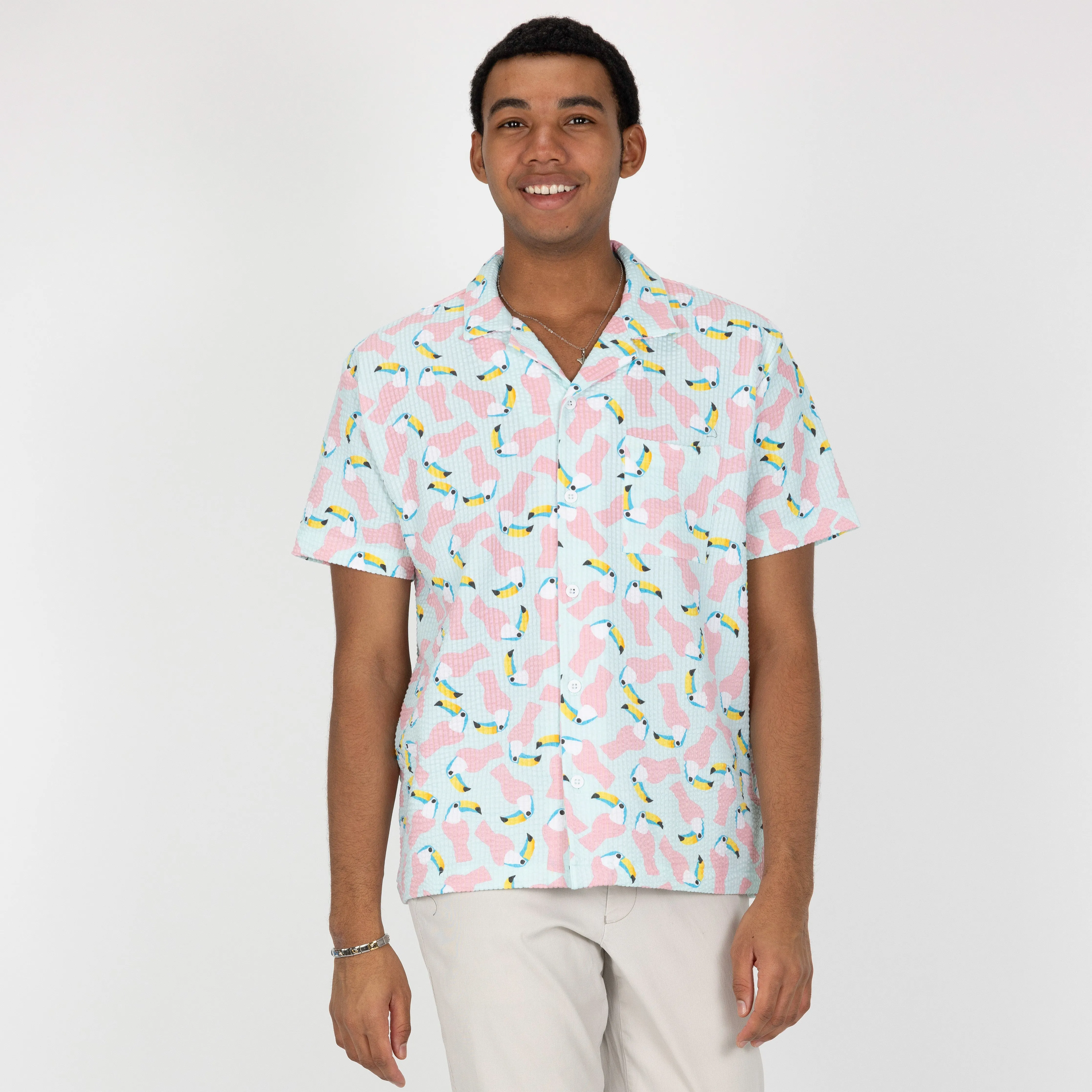 Mens Cool Knit Seersucker Camp Shirt - Salt Air / Toucan