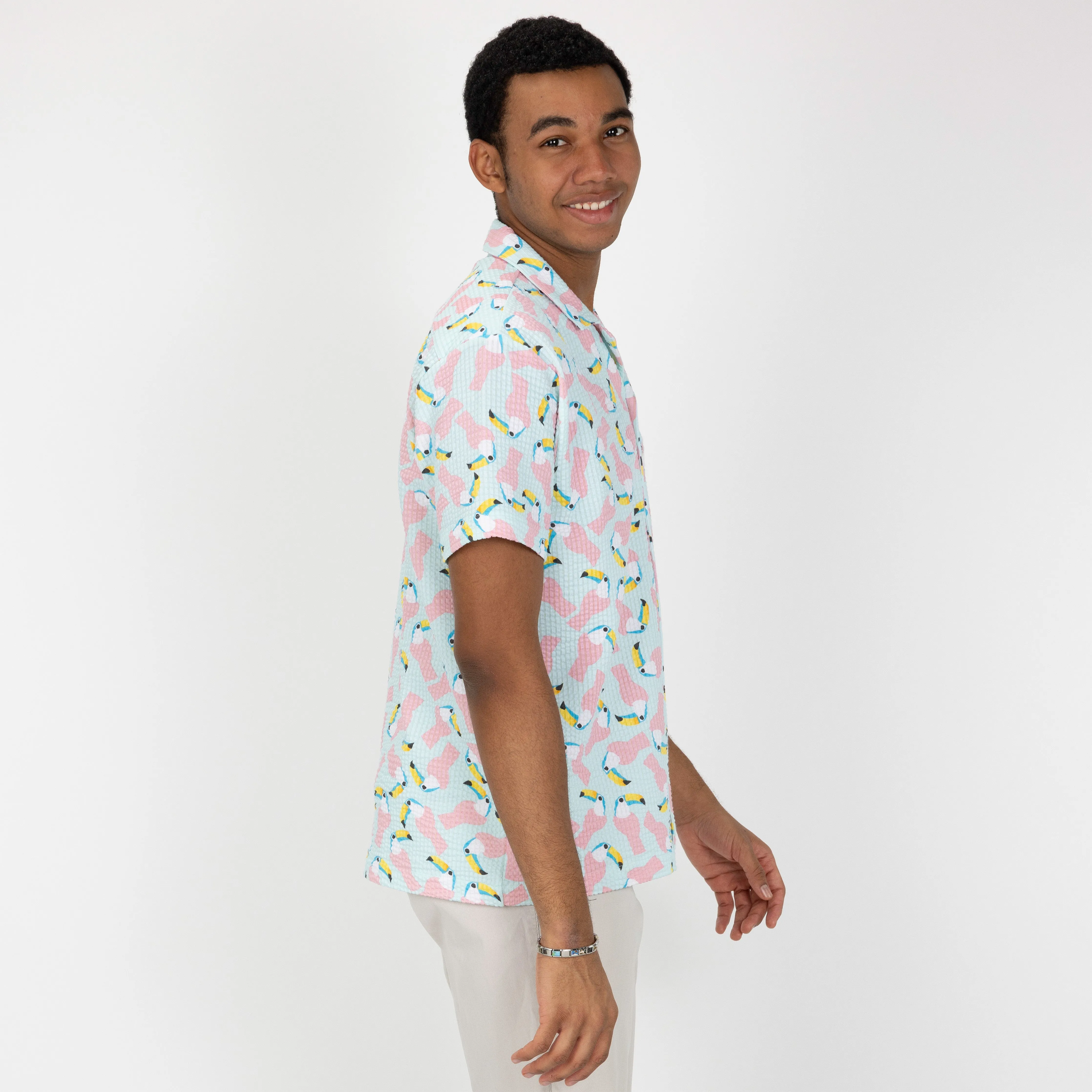 Mens Cool Knit Seersucker Camp Shirt - Salt Air / Toucan