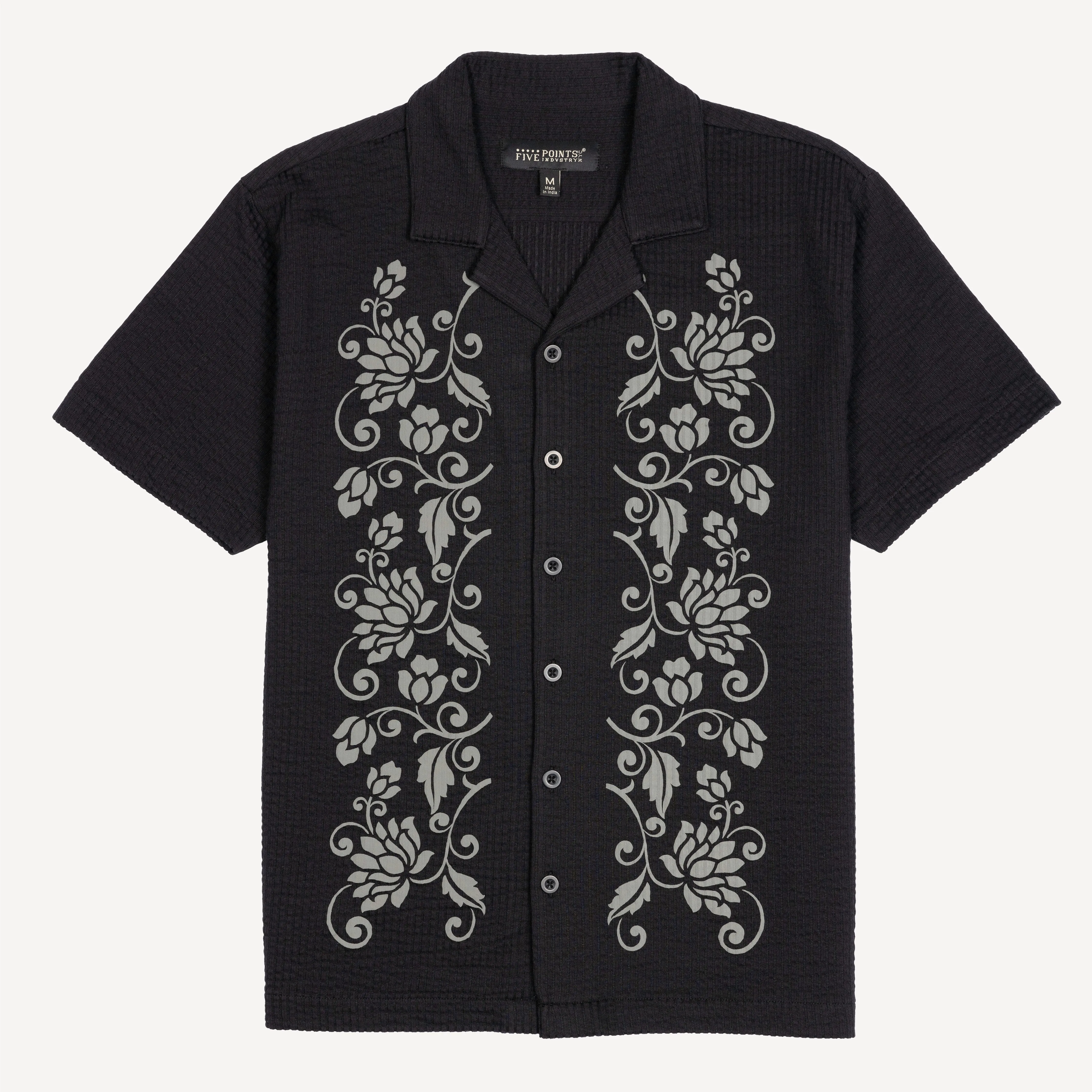 Mens Cool Knit Seersucker Puff Print Camp Shirt - Black / Vine Floral
