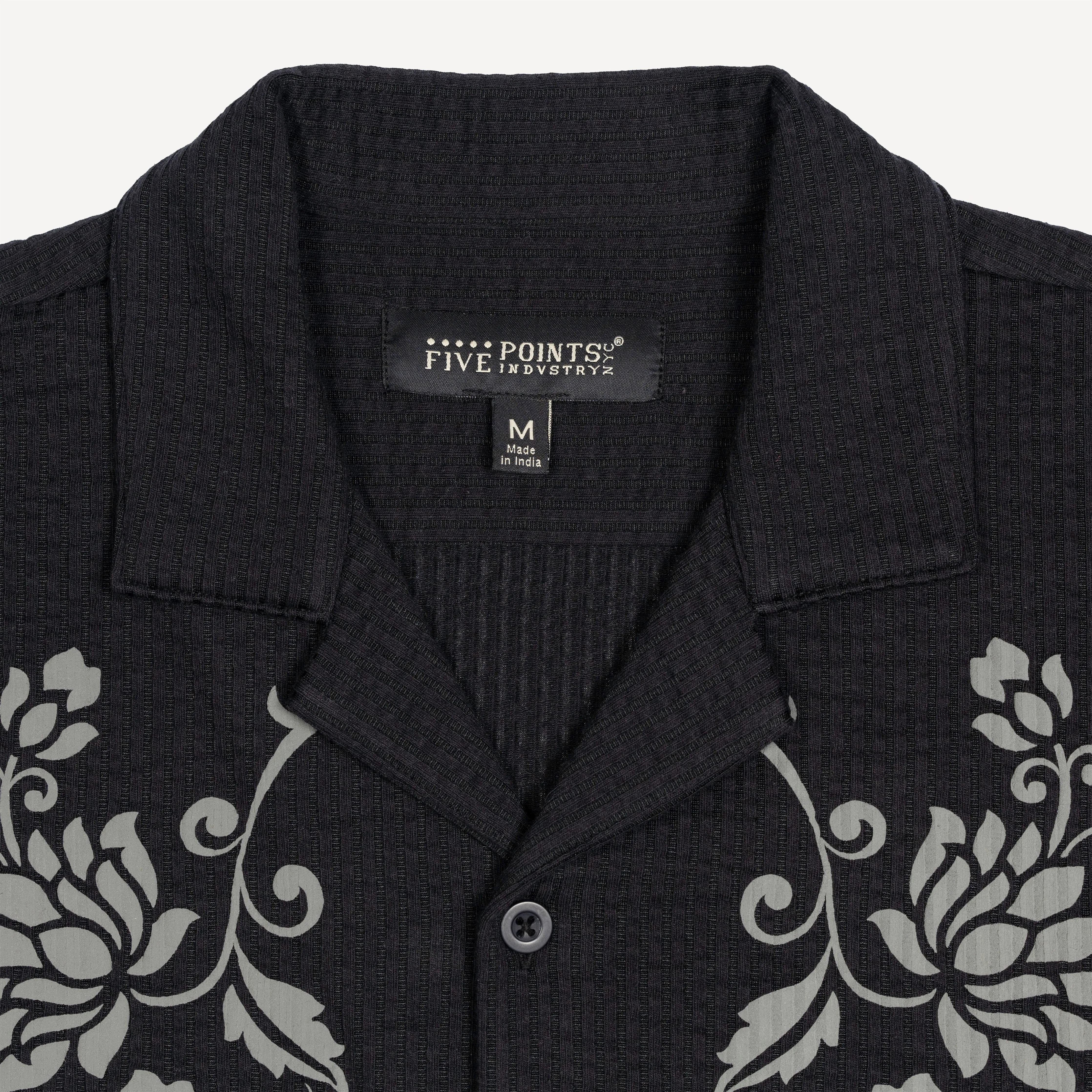 Mens Cool Knit Seersucker Puff Print Camp Shirt - Black / Vine Floral