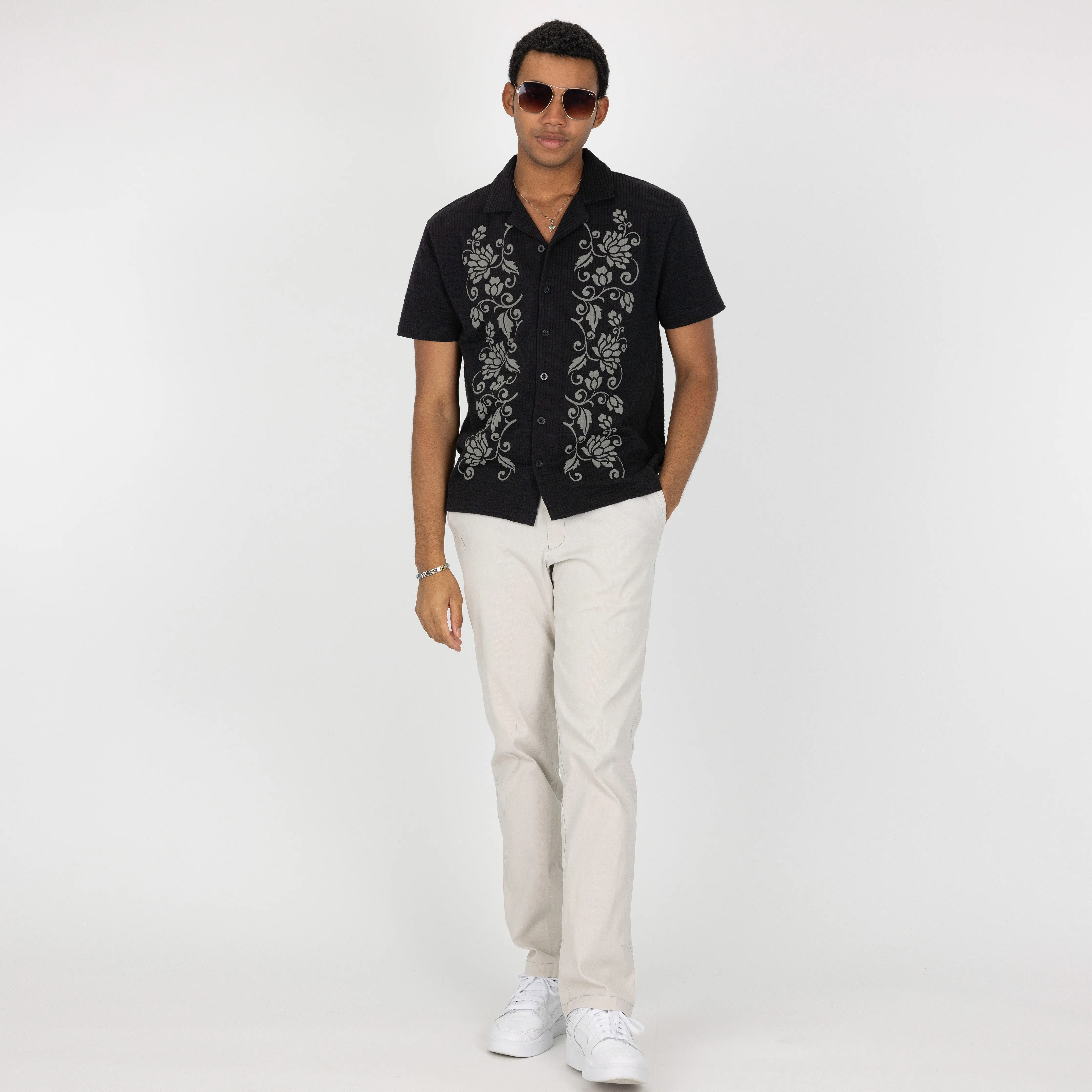 Mens Cool Knit Seersucker Puff Print Camp Shirt - Black / Vine Floral