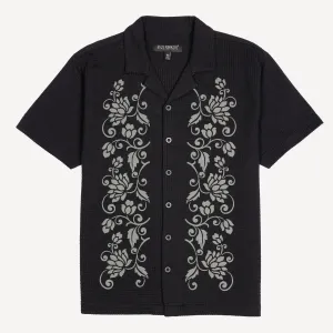 Mens Cool Knit Seersucker Puff Print Camp Shirt - Black / Vine Floral