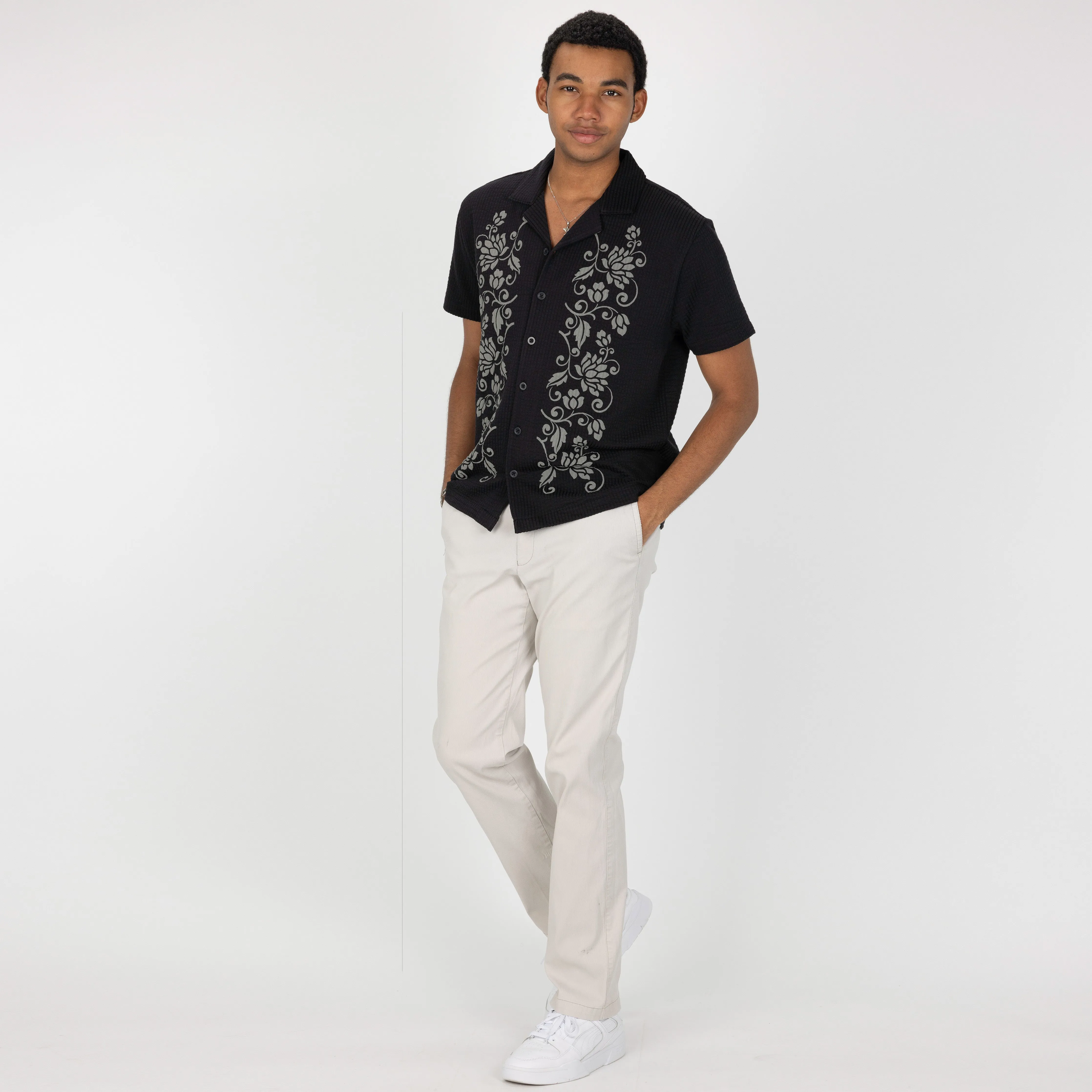 Mens Cool Knit Seersucker Puff Print Camp Shirt - Black / Vine Floral