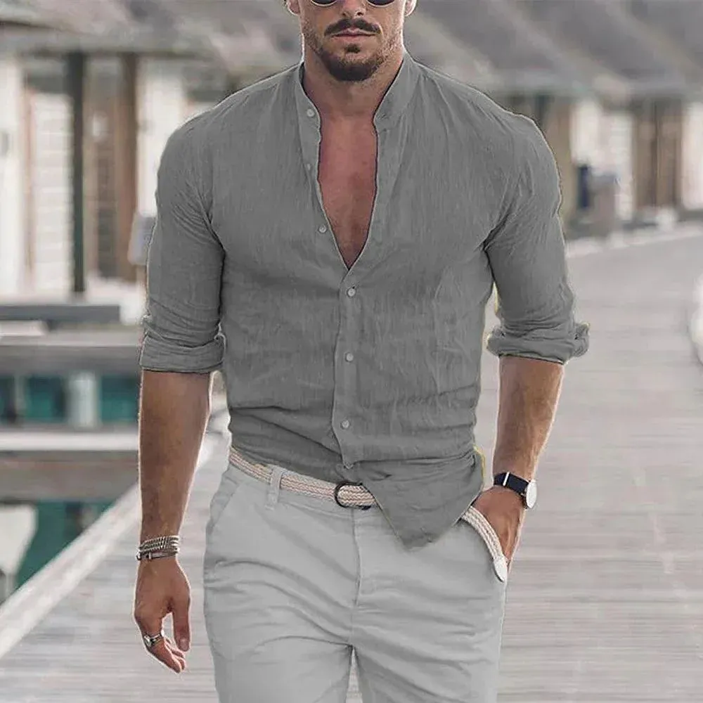 Men's Cotton Linen Shirts Madarin Neck Solid Color Long Sleeve Loose Top Spring Autumn Fashion Shirt