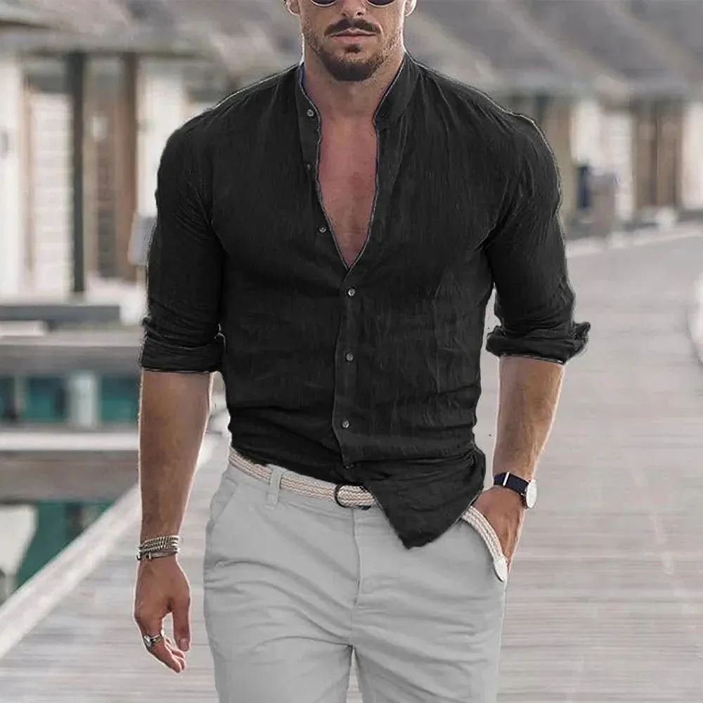 Men's Cotton Linen Shirts Madarin Neck Solid Color Long Sleeve Loose Top Spring Autumn Fashion Shirt