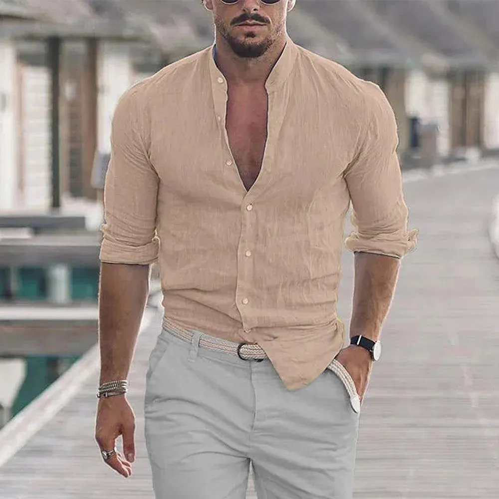 Men's Cotton Linen Shirts Madarin Neck Solid Color Long Sleeve Loose Top Spring Autumn Fashion Shirt