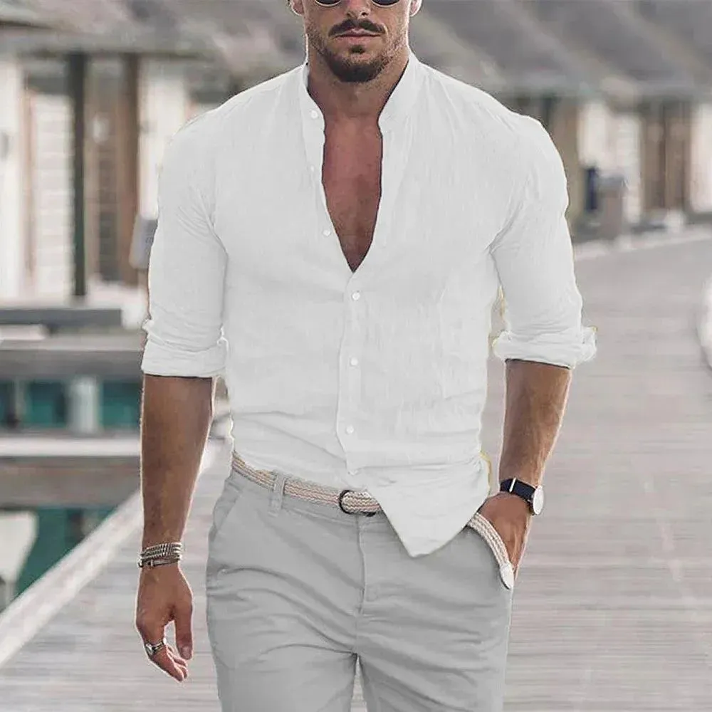 Men's Cotton Linen Shirts Madarin Neck Solid Color Long Sleeve Loose Top Spring Autumn Fashion Shirt