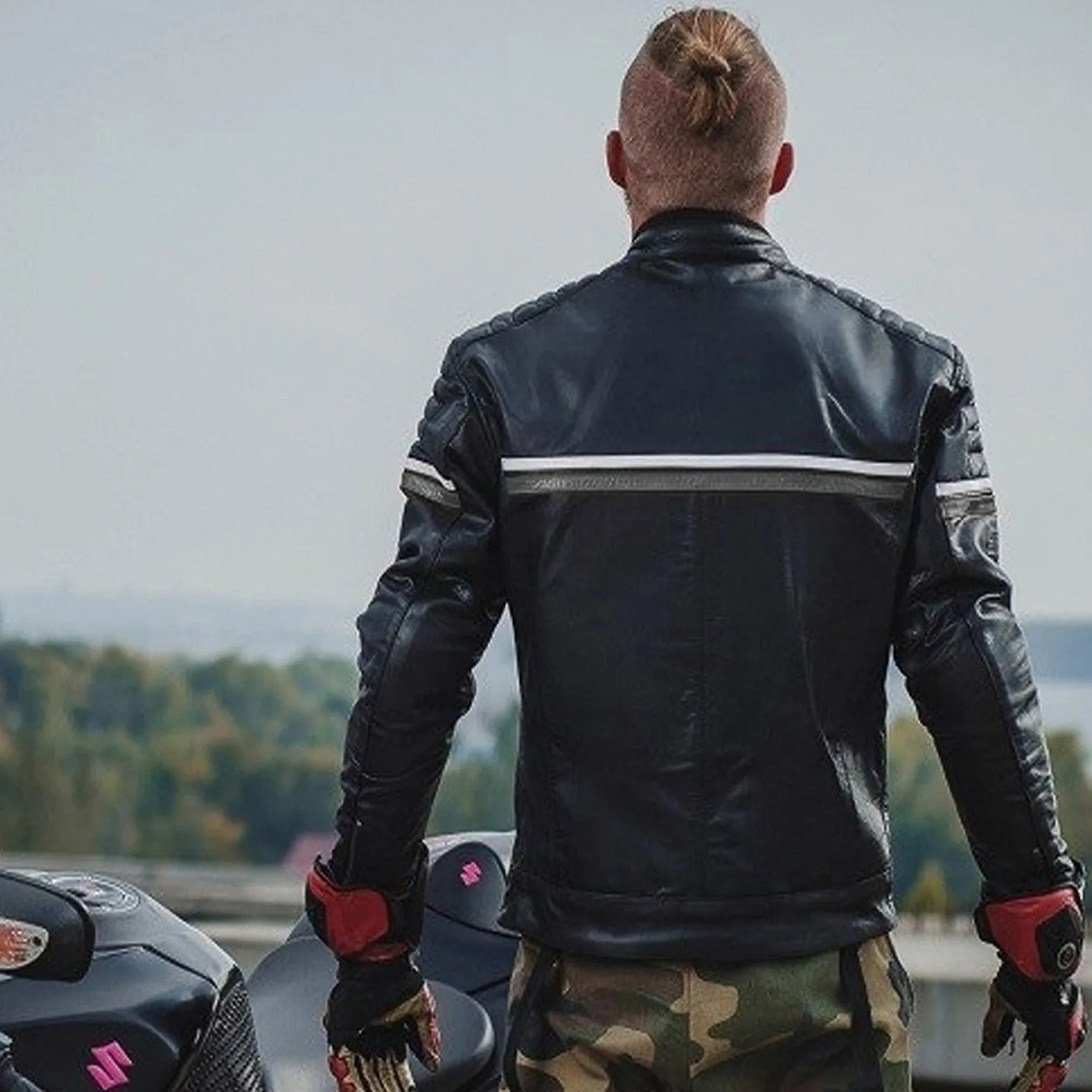 Metropolis Biker Leather Jacket with a gray stripe