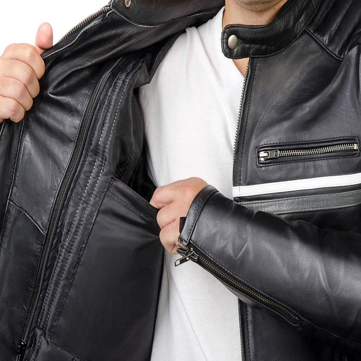Metropolis Biker Leather Jacket with a gray stripe
