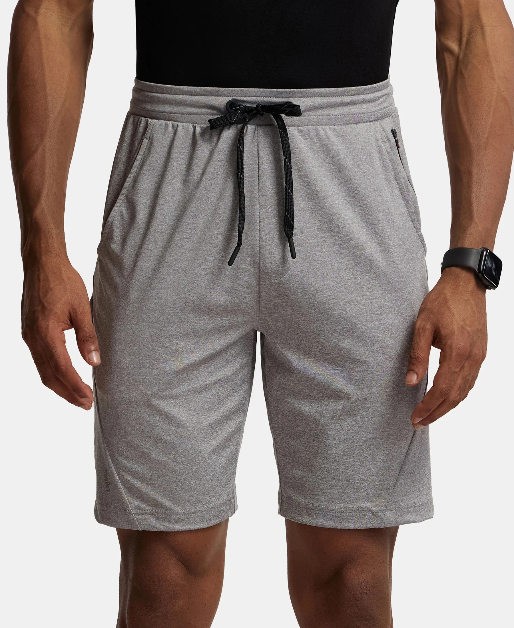 Microfiber Elastane Stretch Solid Shorts with Zipper Media Pocket and StayFresh Treatment - Light Steel Grey
