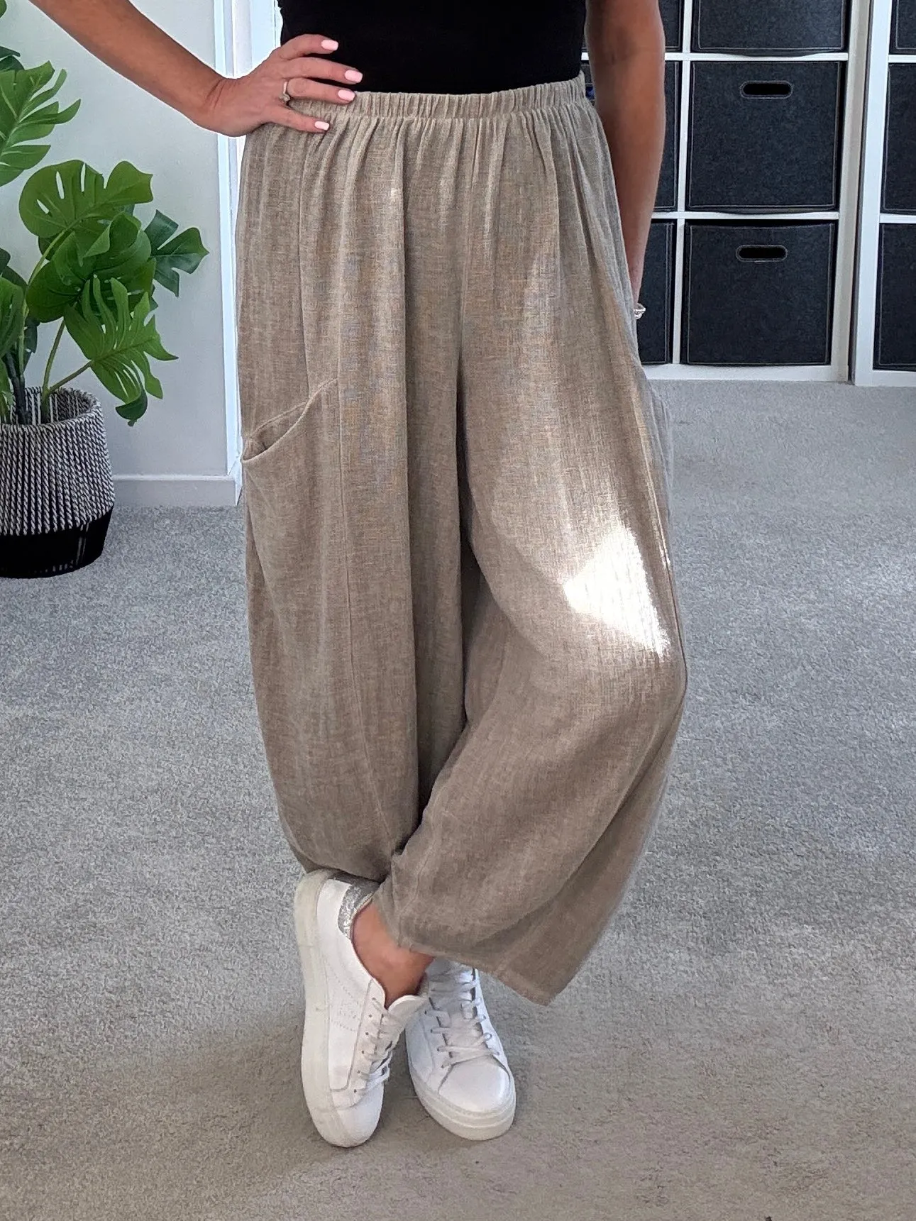 Mocha Washed Linen Barrel Pocket Trousers