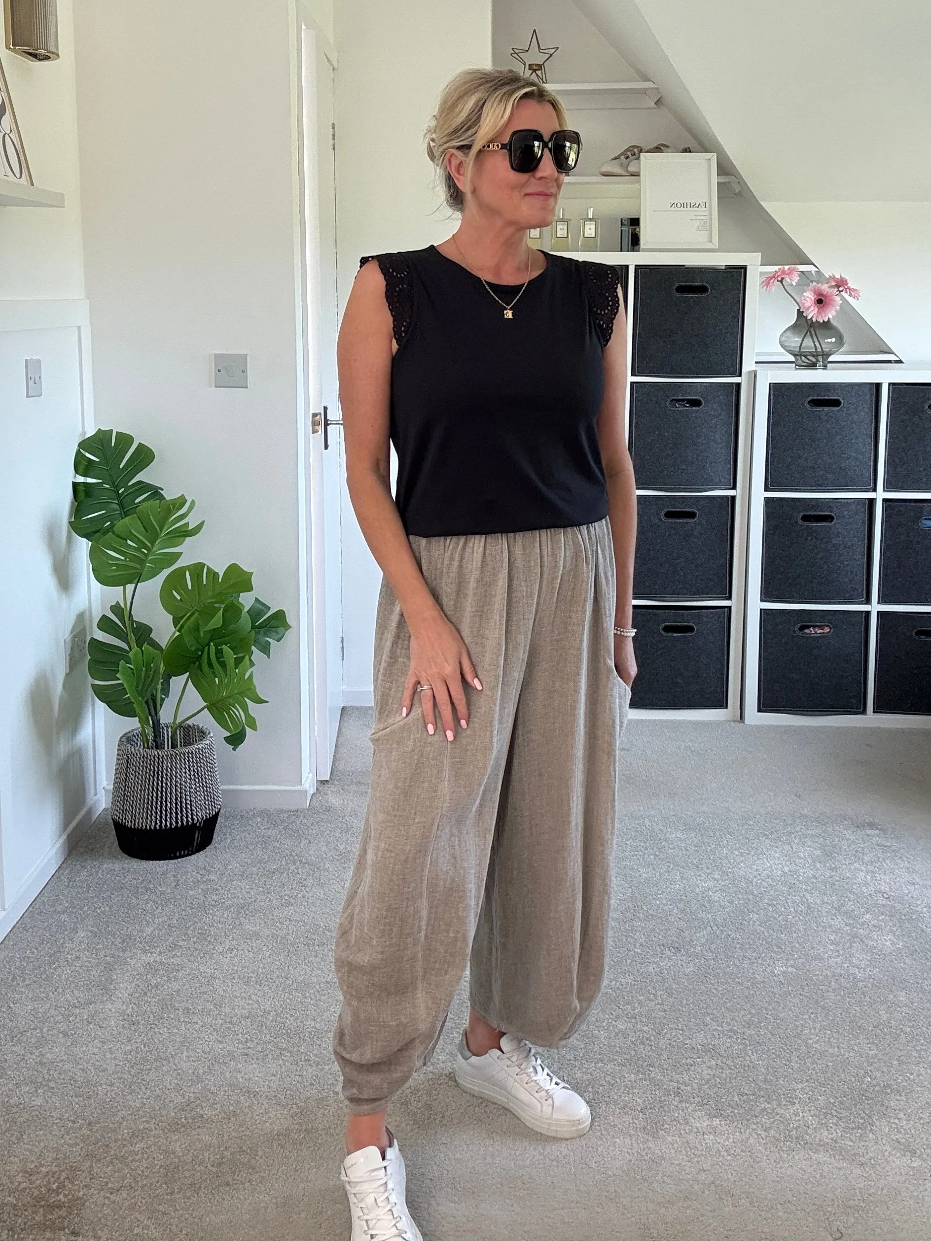 Mocha Washed Linen Barrel Pocket Trousers