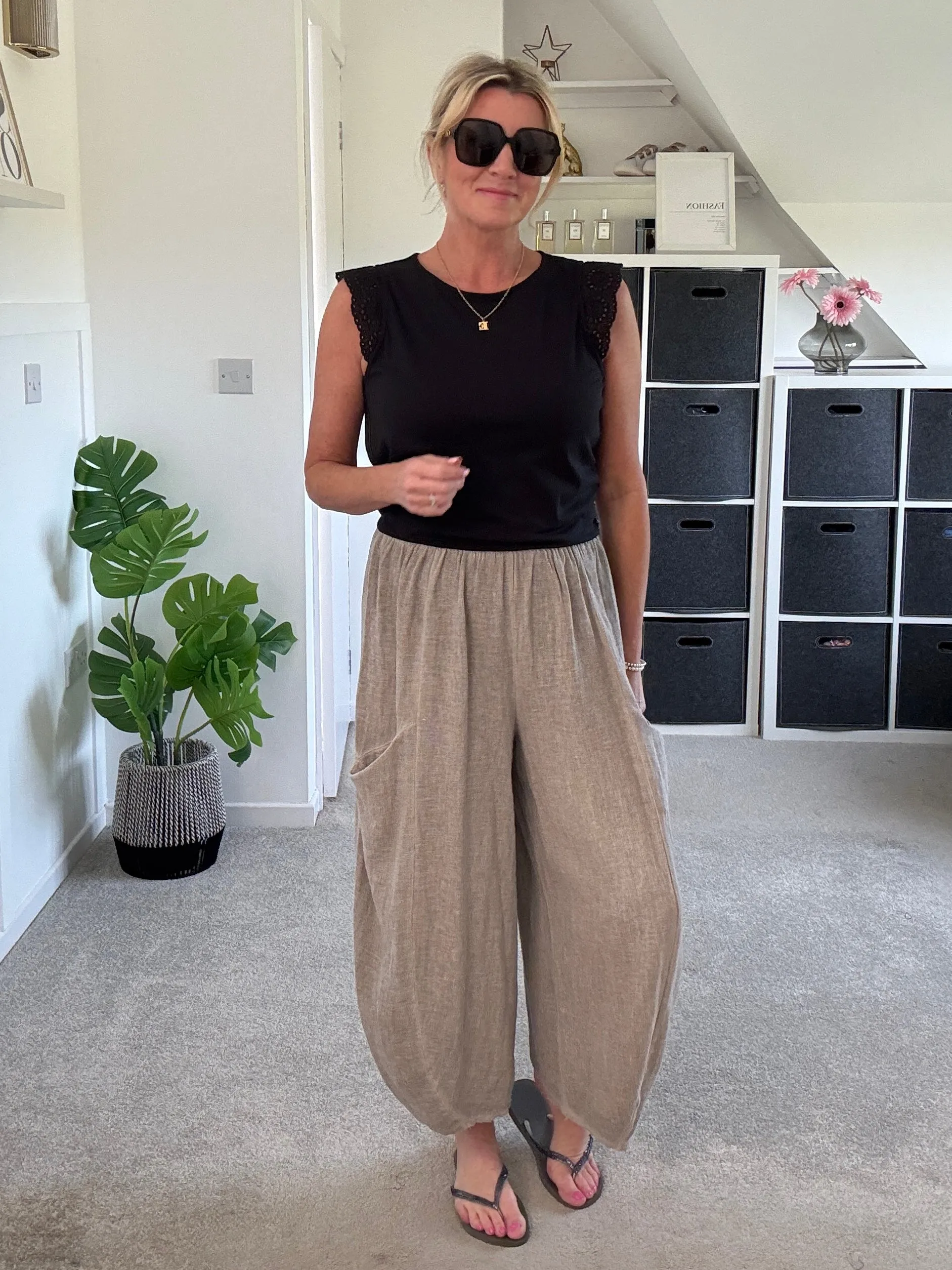 Mocha Washed Linen Barrel Pocket Trousers