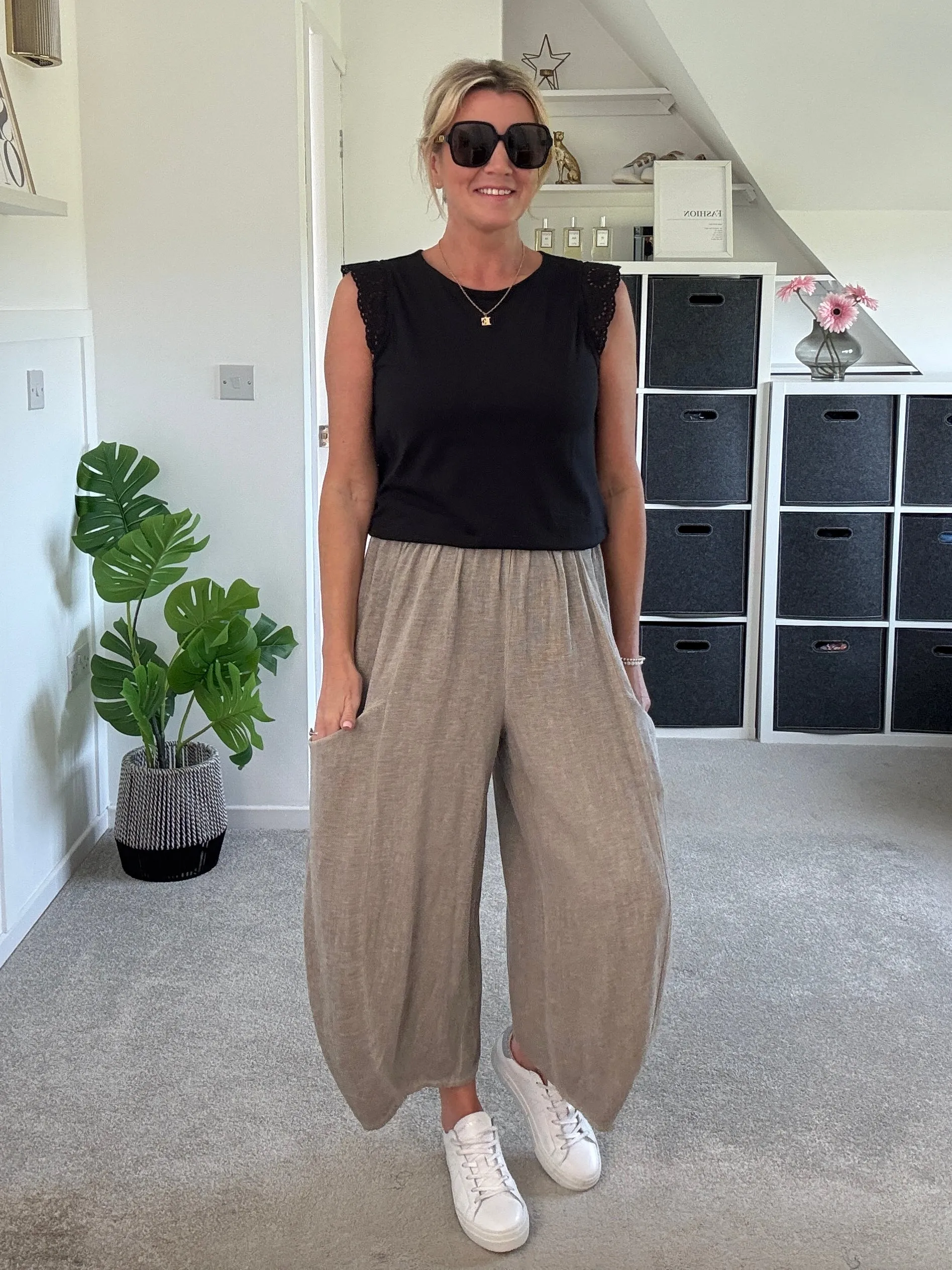 Mocha Washed Linen Barrel Pocket Trousers