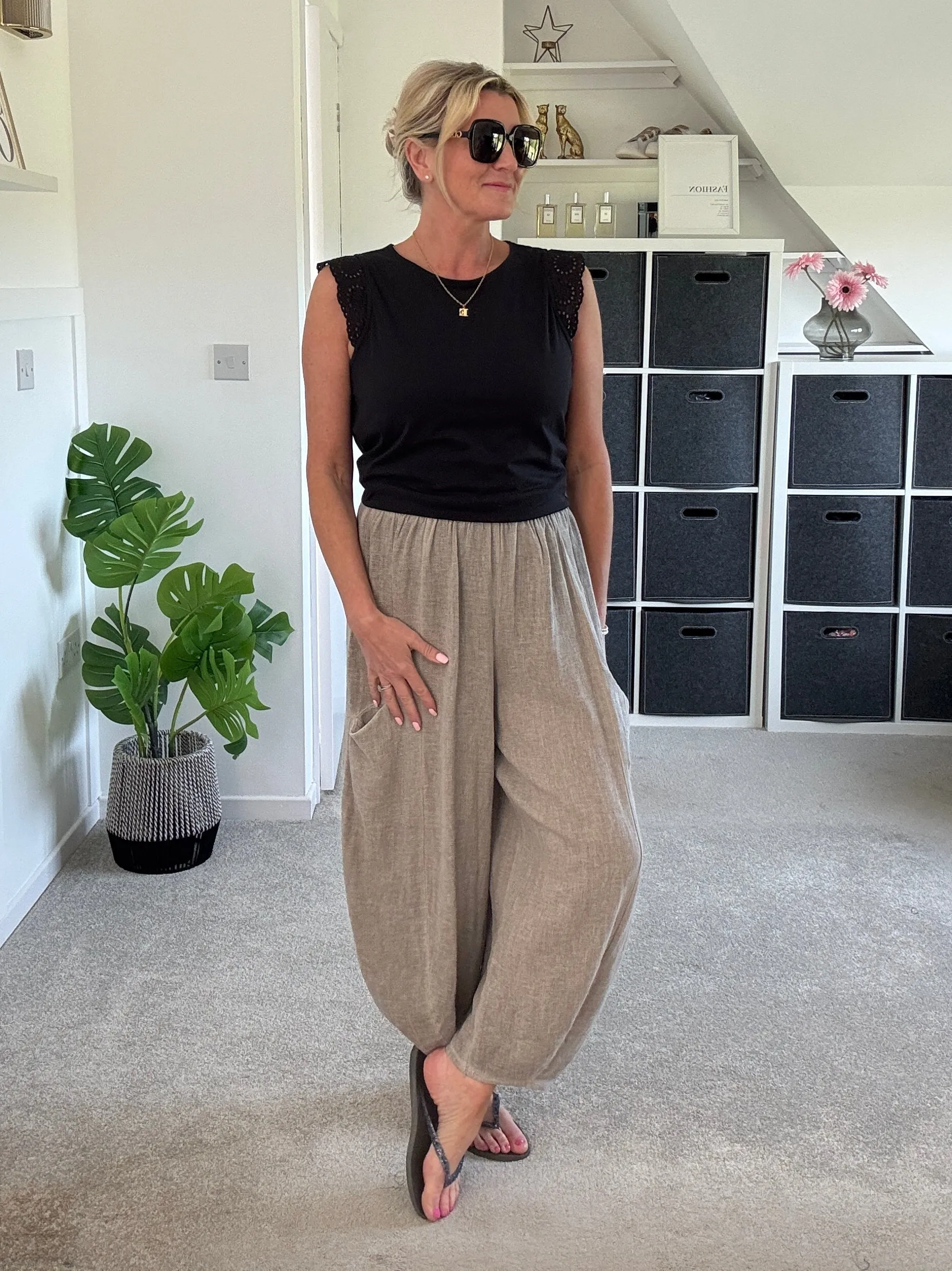 Mocha Washed Linen Barrel Pocket Trousers