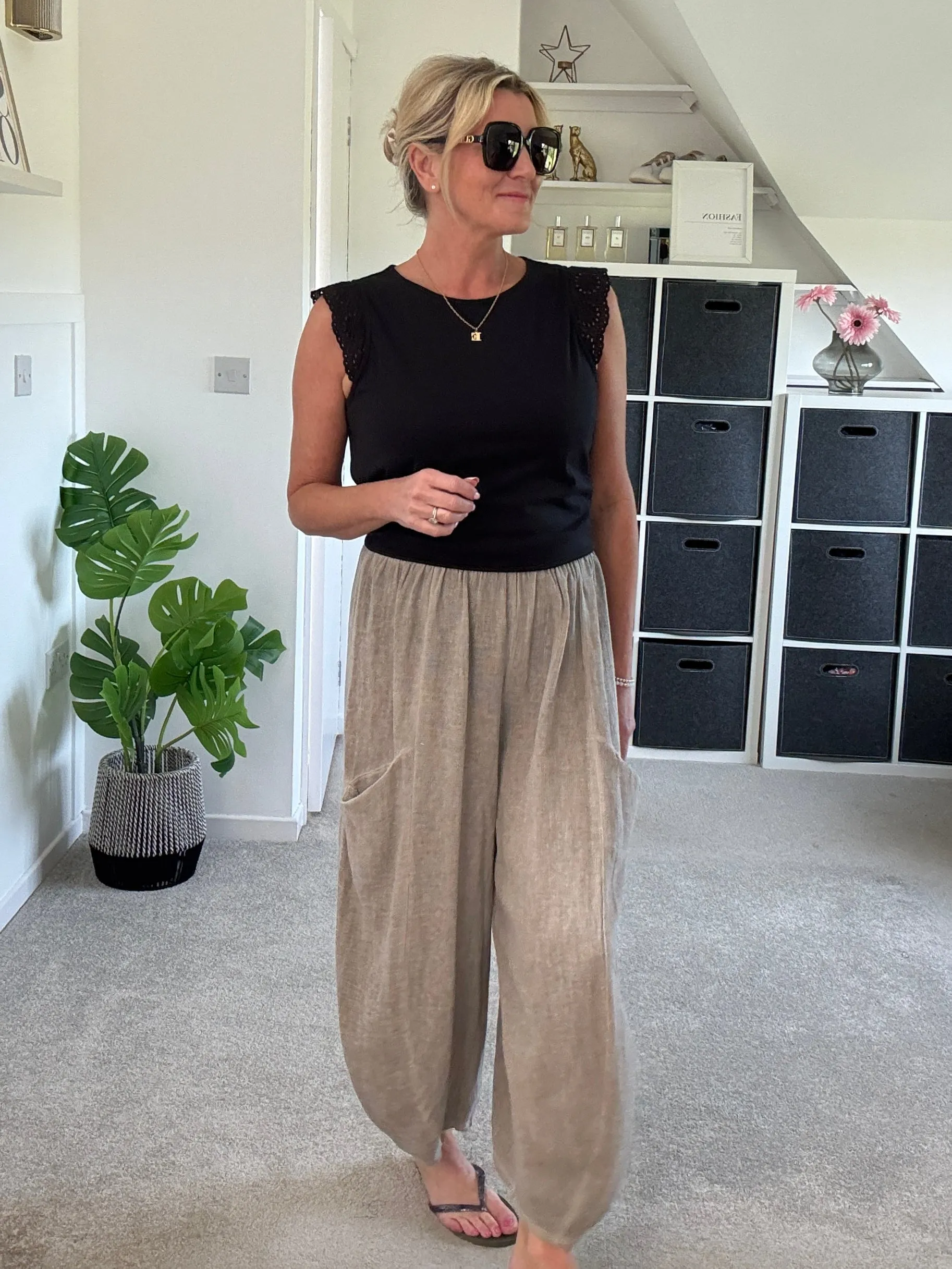 Mocha Washed Linen Barrel Pocket Trousers