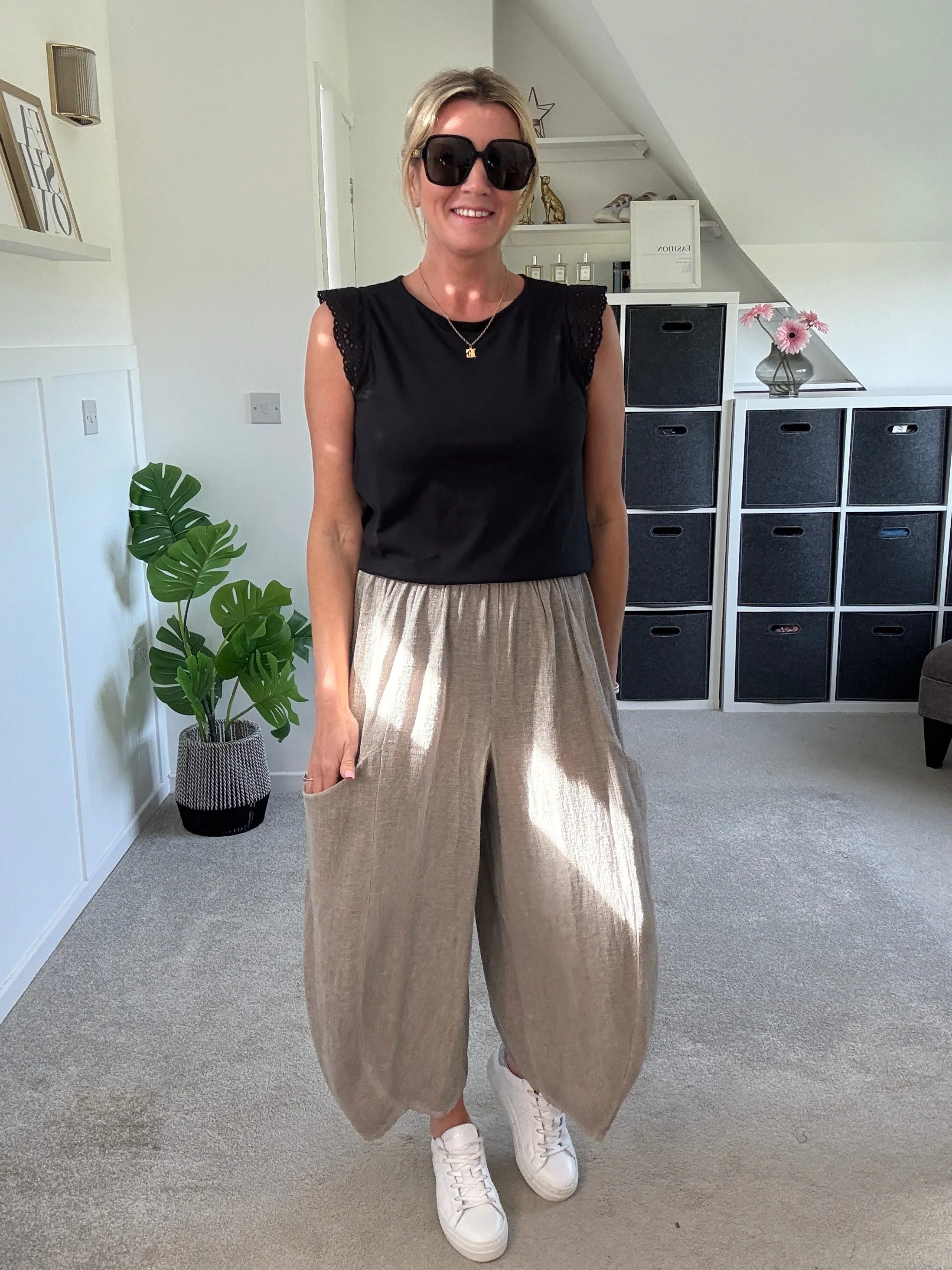 Mocha Washed Linen Barrel Pocket Trousers