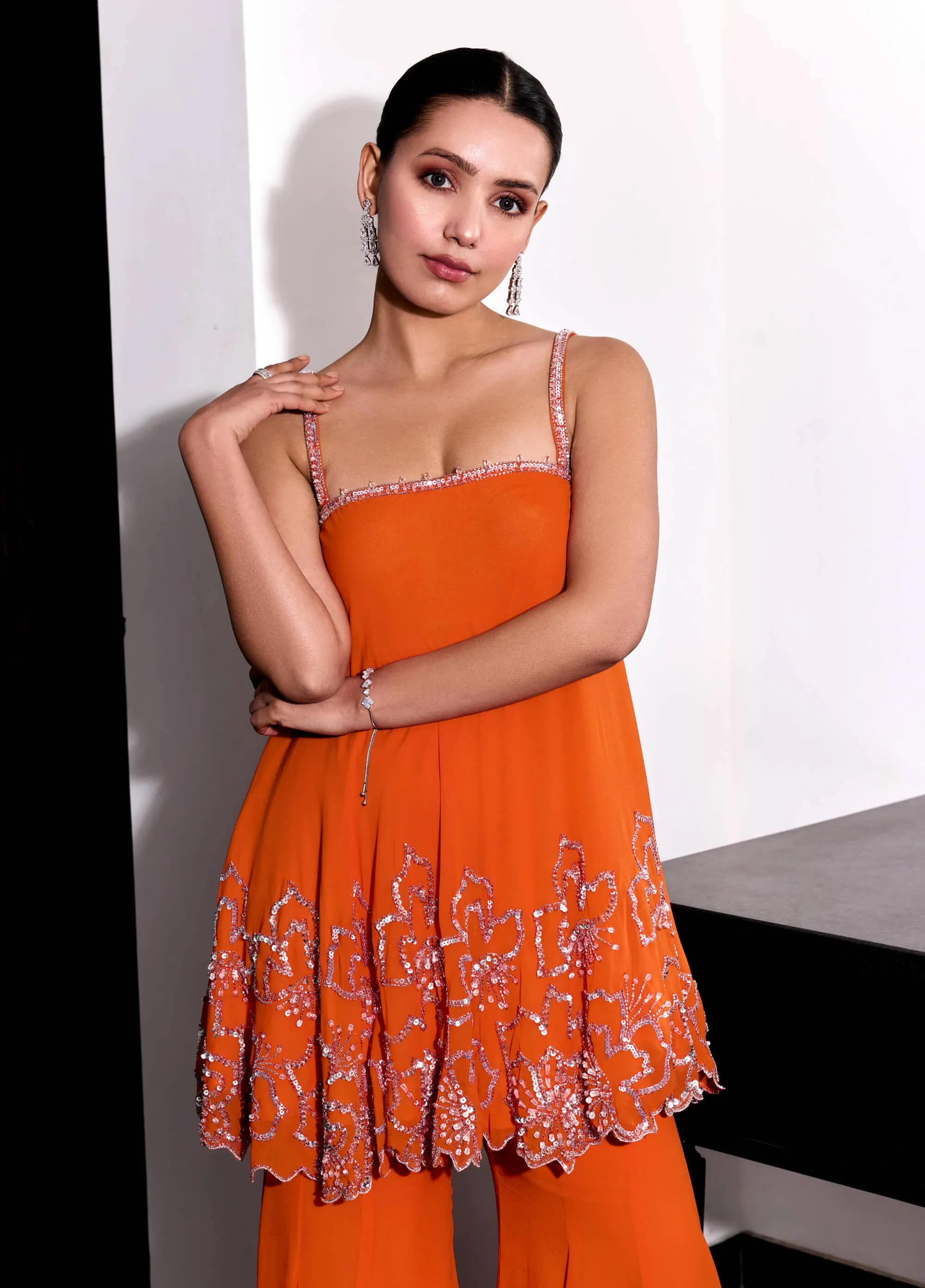 Orange floral embroidery top and pants