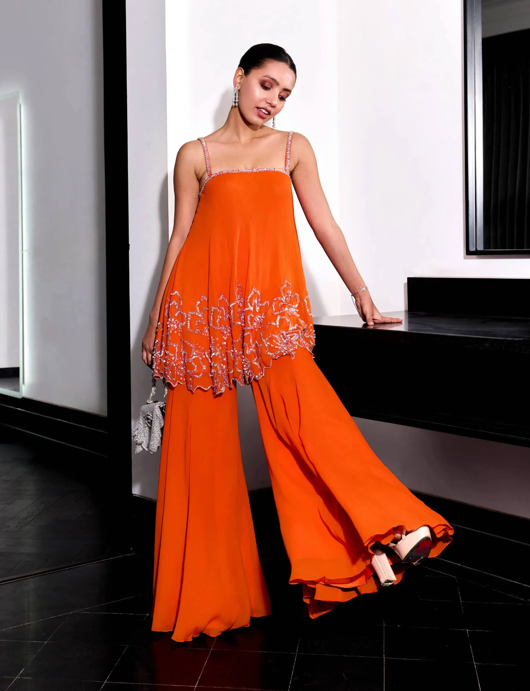 Orange floral embroidery top and pants