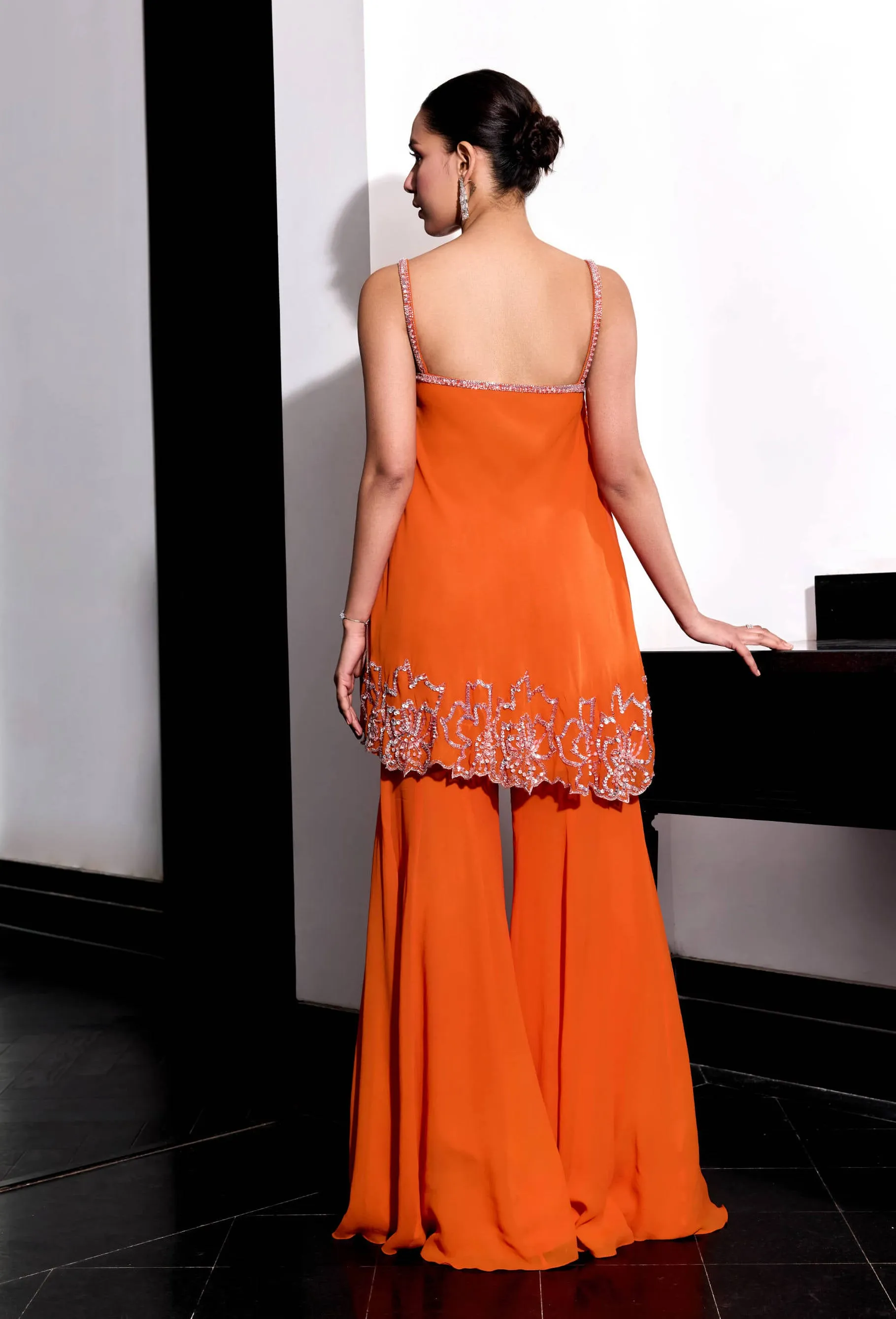 Orange floral embroidery top and pants
