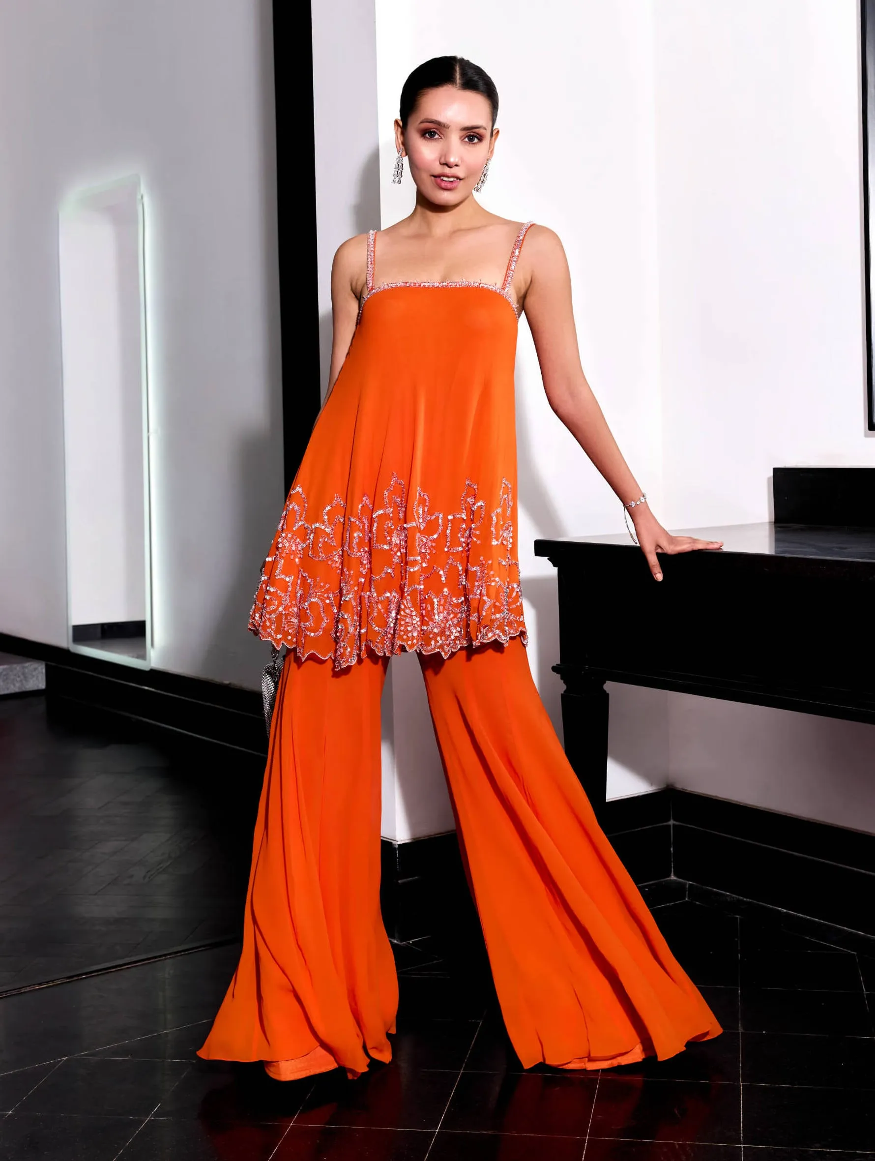 Orange floral embroidery top and pants