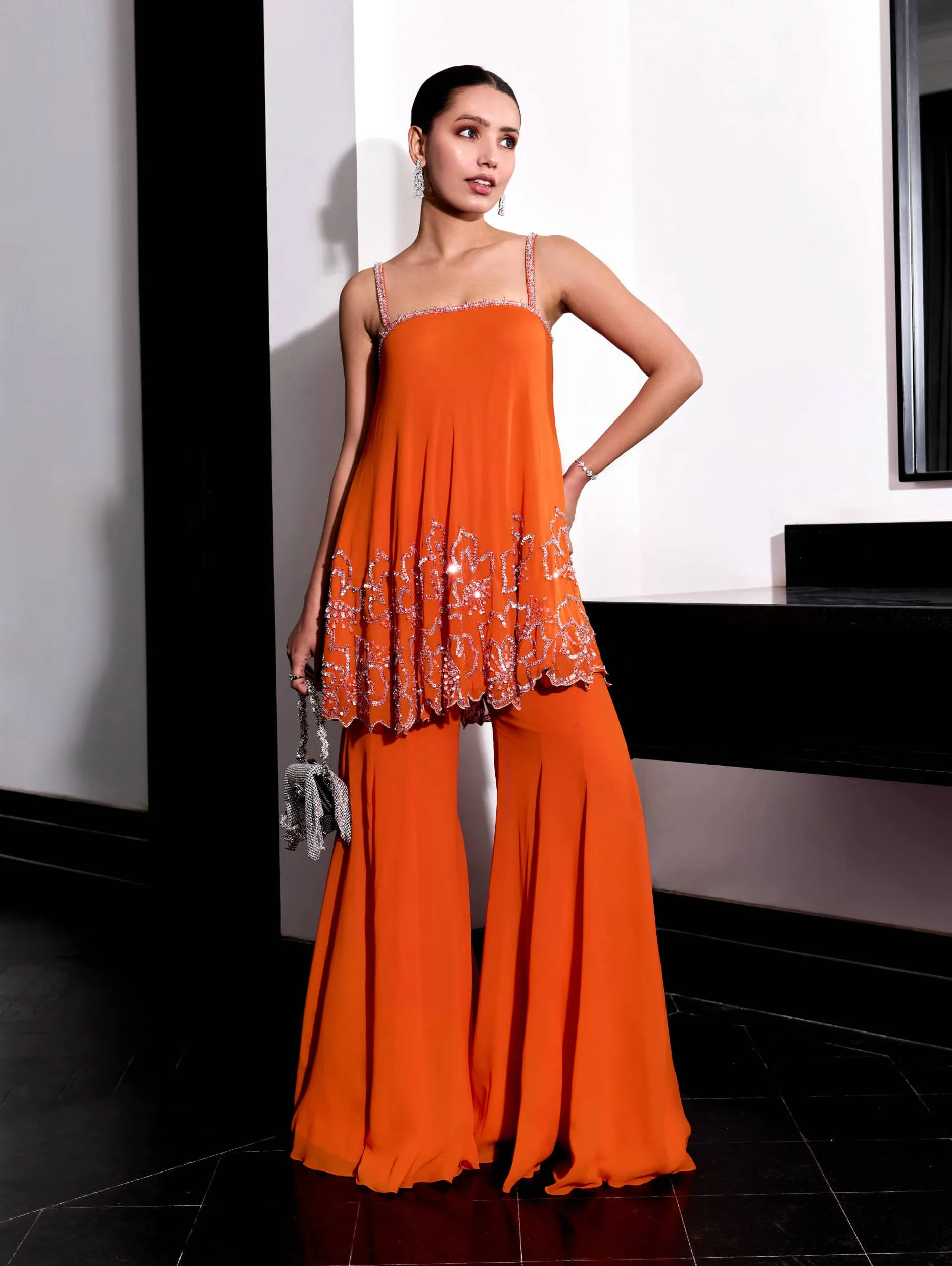 Orange floral embroidery top and pants