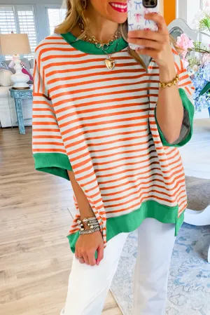Orange Stripe Oversized Exposed Seam High Low Pullover T Shirt
