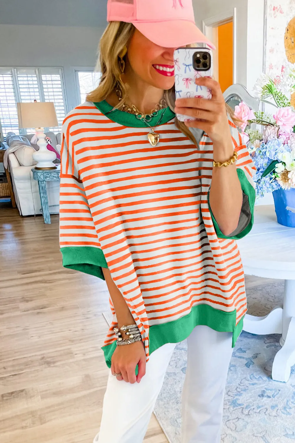 Orange Stripe Oversized Exposed Seam High Low Pullover T Shirt