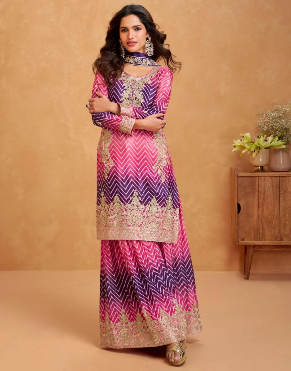 Premium Chinon Silk Embroidered Top Palazzo Dupatta Set with Dual Tone Chevron Print