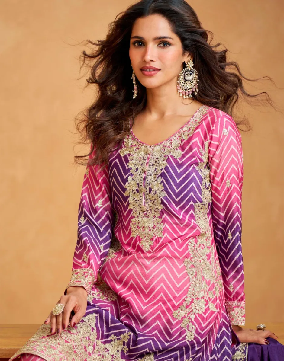 Premium Chinon Silk Embroidered Top Palazzo Dupatta Set with Dual Tone Chevron Print