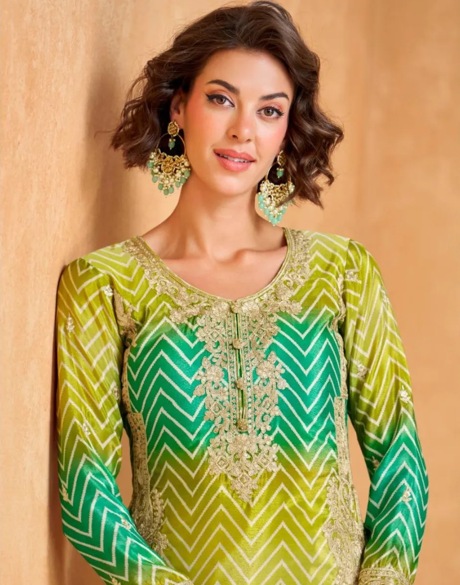 Premium Chinon Silk Embroidered Top Palazzo Dupatta Set with Dual Tone Chevron Print
