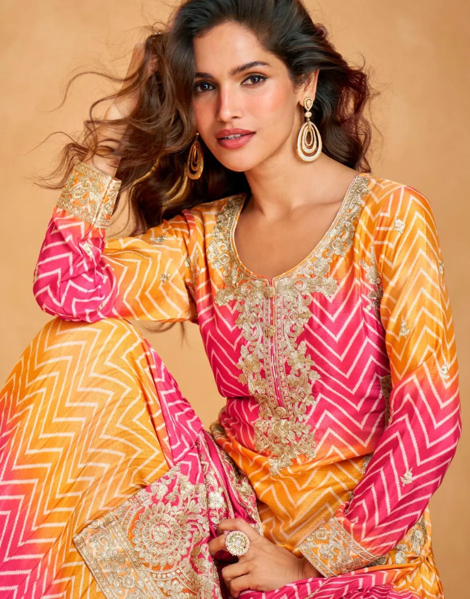 Premium Chinon Silk Embroidered Top Palazzo Dupatta Set with Dual Tone Chevron Print
