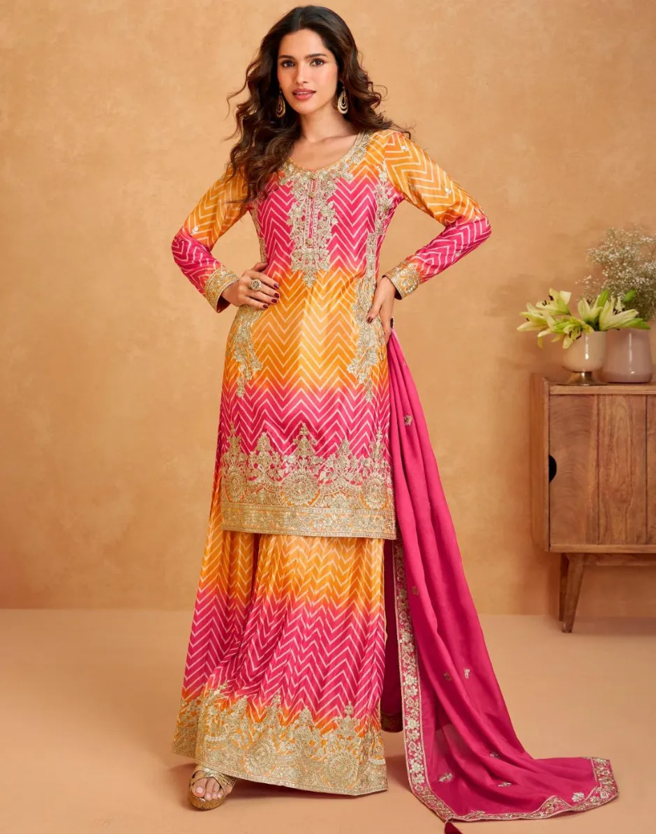 Premium Chinon Silk Embroidered Top Palazzo Dupatta Set with Dual Tone Chevron Print