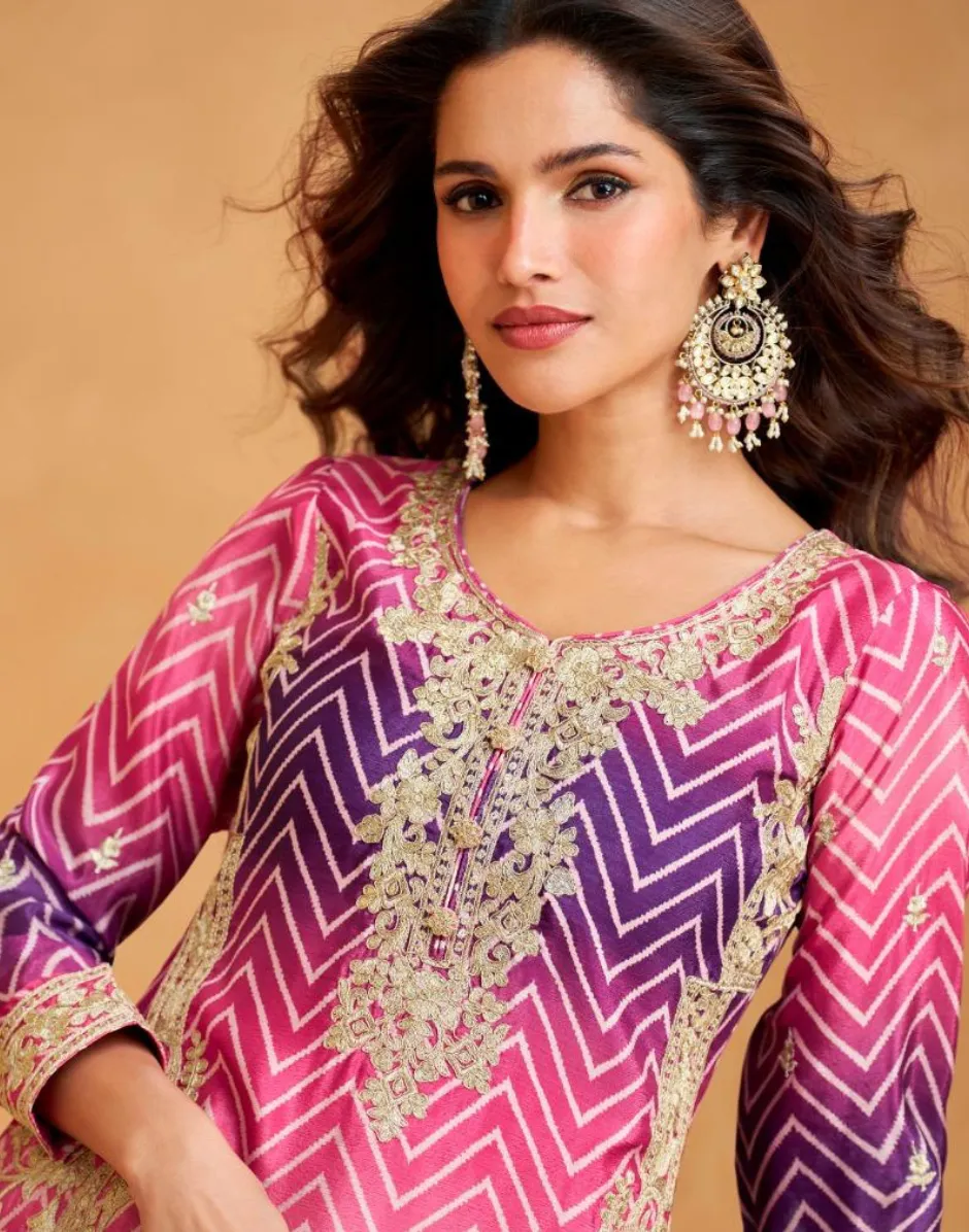 Premium Chinon Silk Embroidered Top Palazzo Dupatta Set with Dual Tone Chevron Print