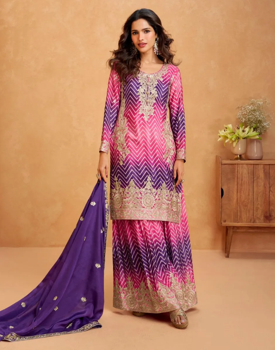 Premium Chinon Silk Embroidered Top Palazzo Dupatta Set with Dual Tone Chevron Print