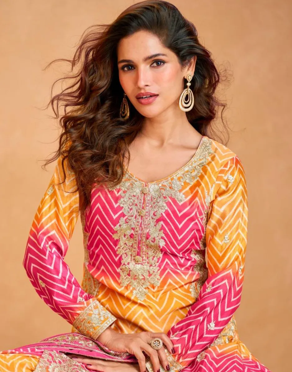 Premium Chinon Silk Embroidered Top Palazzo Dupatta Set with Dual Tone Chevron Print