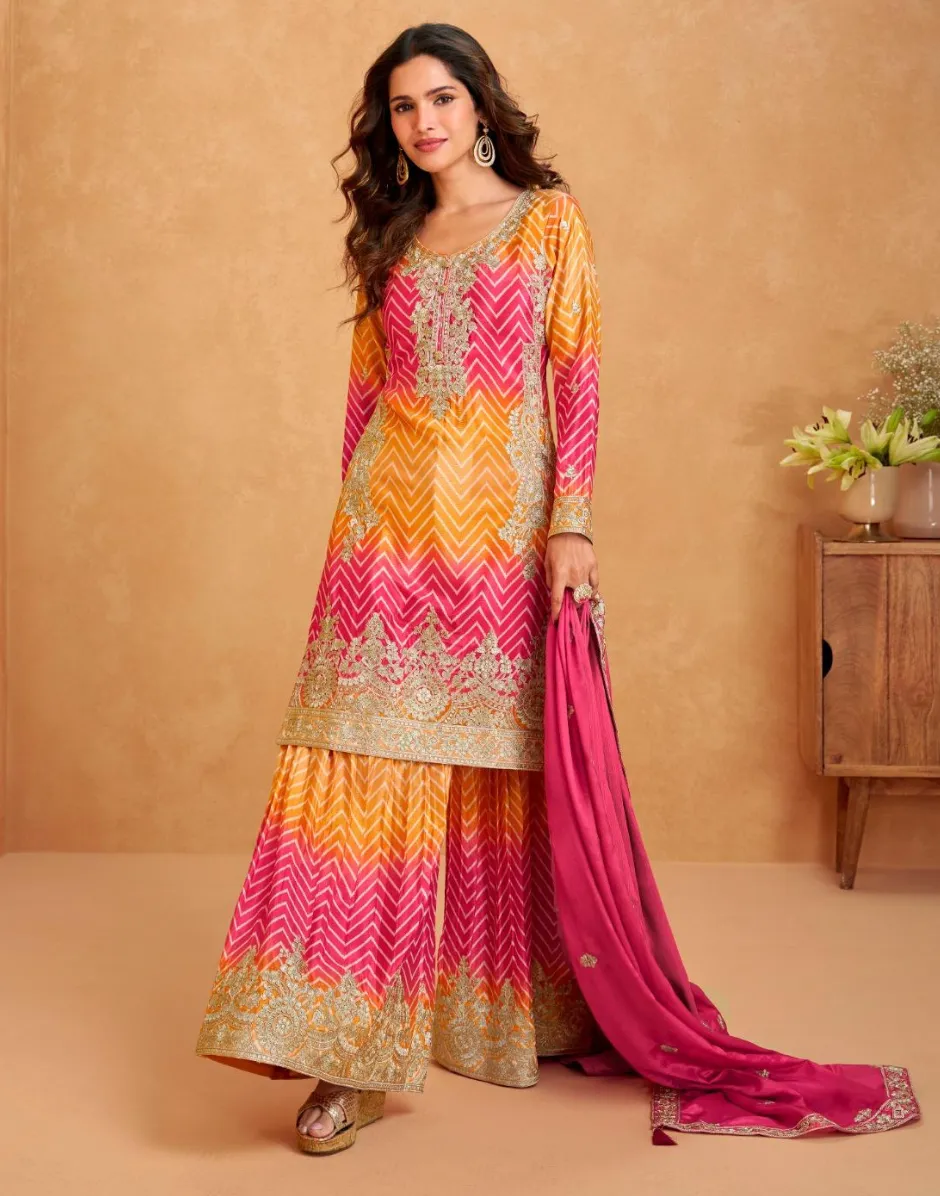 Premium Chinon Silk Embroidered Top Palazzo Dupatta Set with Dual Tone Chevron Print