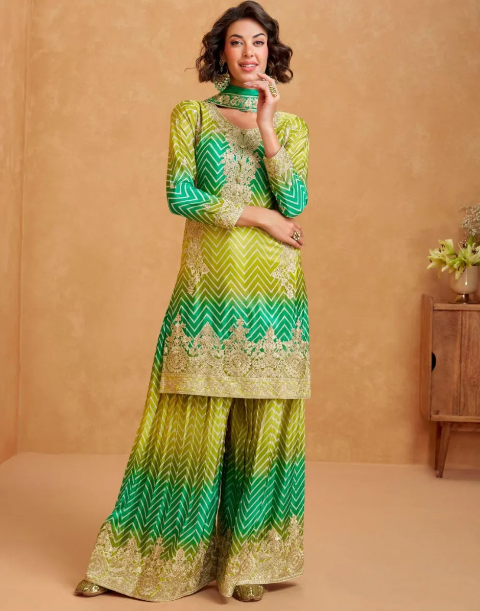 Premium Chinon Silk Embroidered Top Palazzo Dupatta Set with Dual Tone Chevron Print
